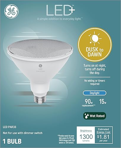GE LED+ Bombillas LED del atardecer al amanecer, 15 W, luz de encendidoapagado automático para exteriores, luz diurna, reflector PAR38 (paquete de 3)