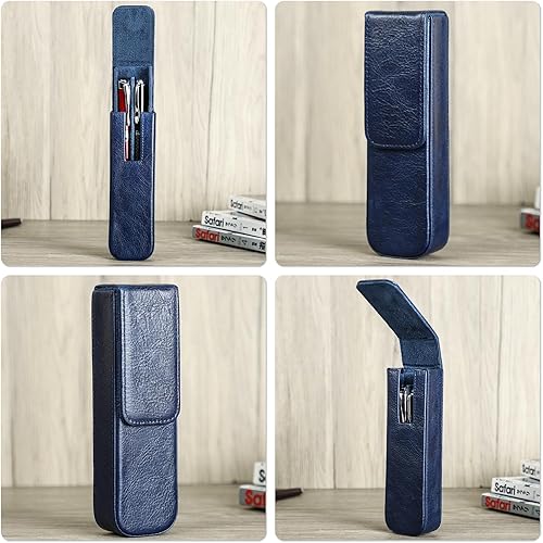 Vista 60 de Top Grain - Estuche organizador de cuero genuino para 12 bolígrafos y lápices, diseño minimalista sólido, hecho a mano, cierre magnético con cajón