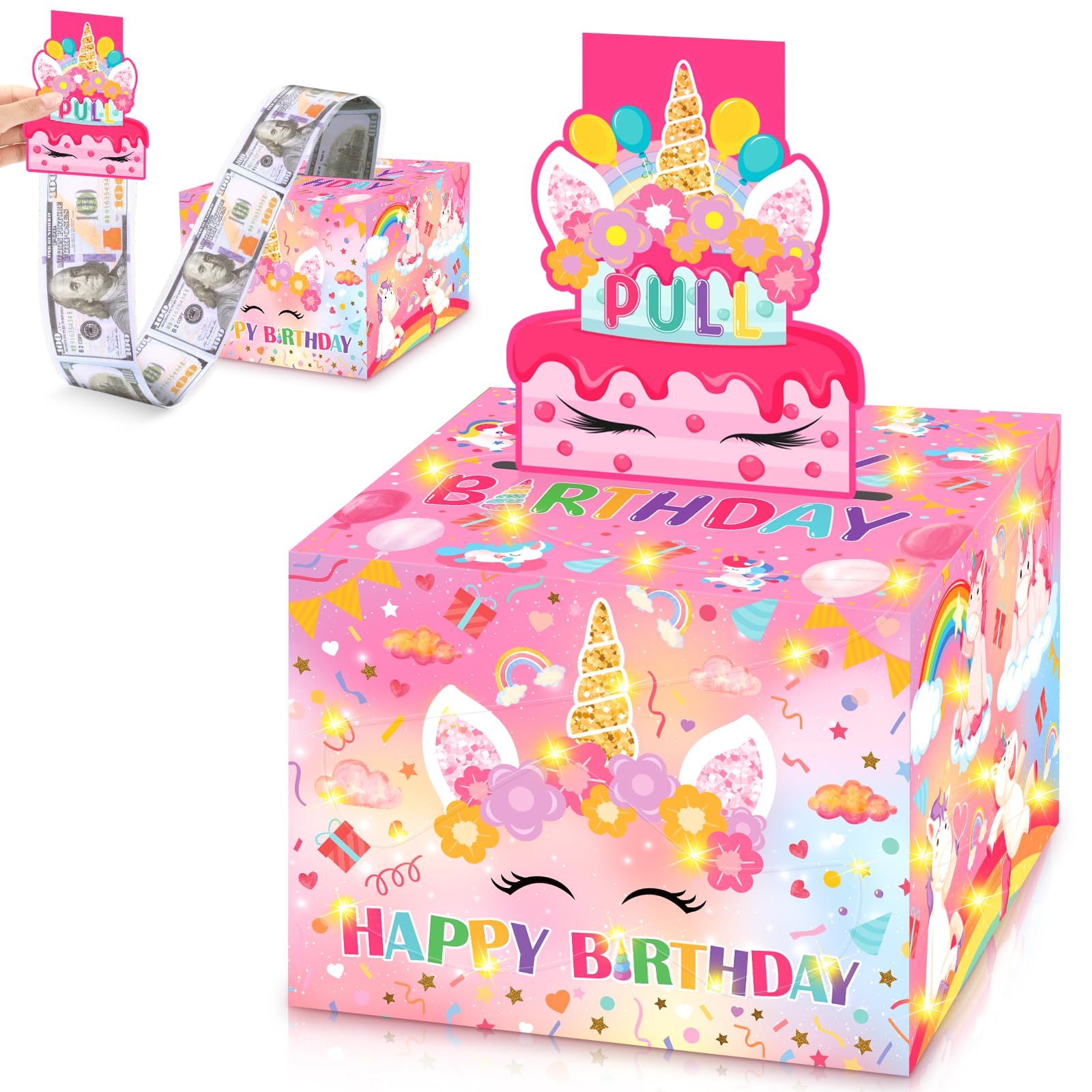 Photo 1 of Birthday Money Box for Cash Gift with LED String Light Pink Surprise Birthday Money Pull Box with Pink Pull Out Card and 30Pcs Transparent Bags Fun DIY Birthday Cash Gift Set for Girls Women