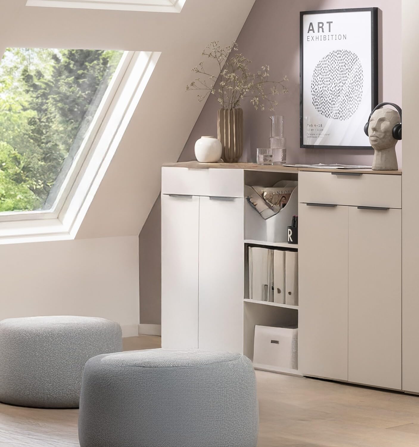 Composad | Base Multiuso della Linea PRONTOcon 1 Cassetto e 2 Ante, Mobile Contenitore per Ufficio e Home Office (LxAxP): 68,9x105,3x35,5 cm, Grigio Cashmere Topmatt e Rovere Mielato
