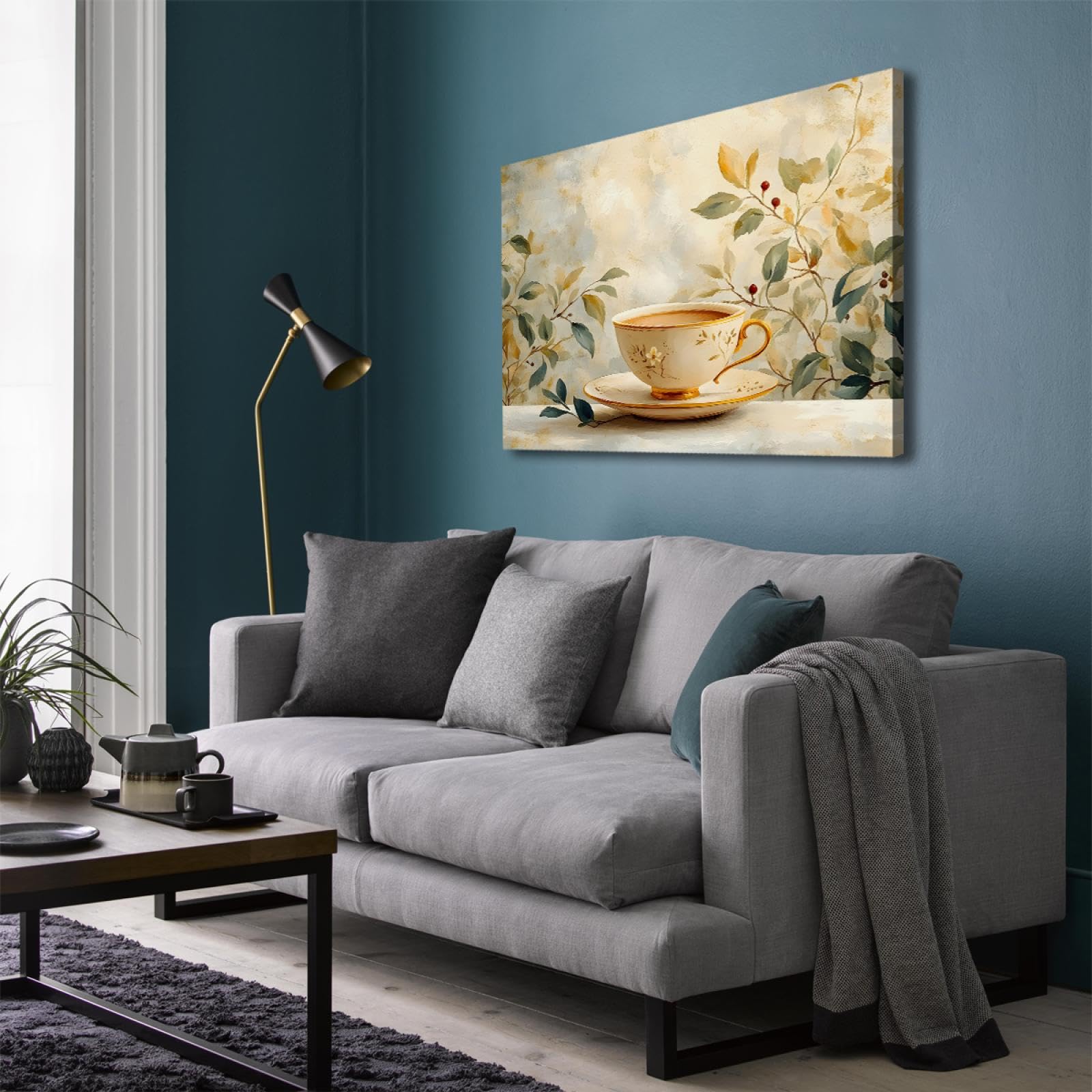 CHERHERART Lienzo de hoja botánica Arte de pared Exquisito juego de té café Impresión de cartel Elegante y acogedor Decoración de pared para restaurante Salón de té 75x100cm Marco interior