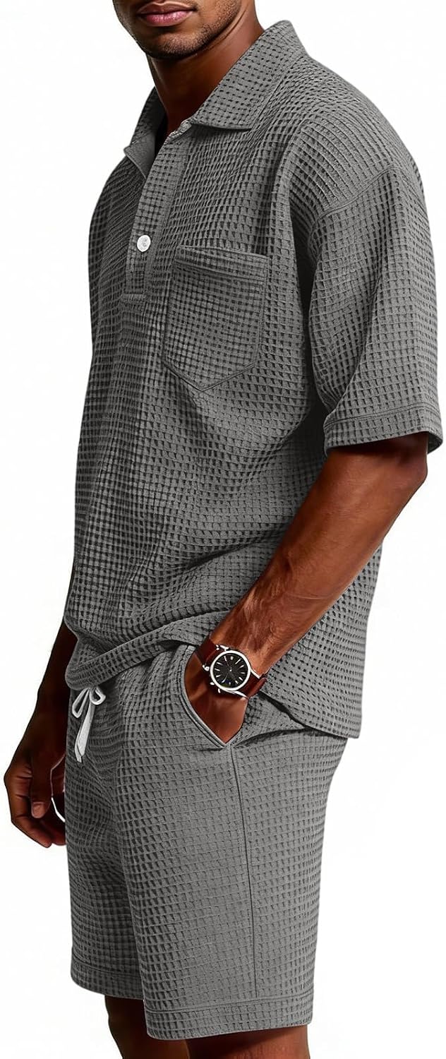 Cambkatl Men's Waffle Summer 2 Piece Outfits, Lapel Short Sleeve Pullovers Golf T-Shirts & Shorts Tracksuit Sets with Pockets