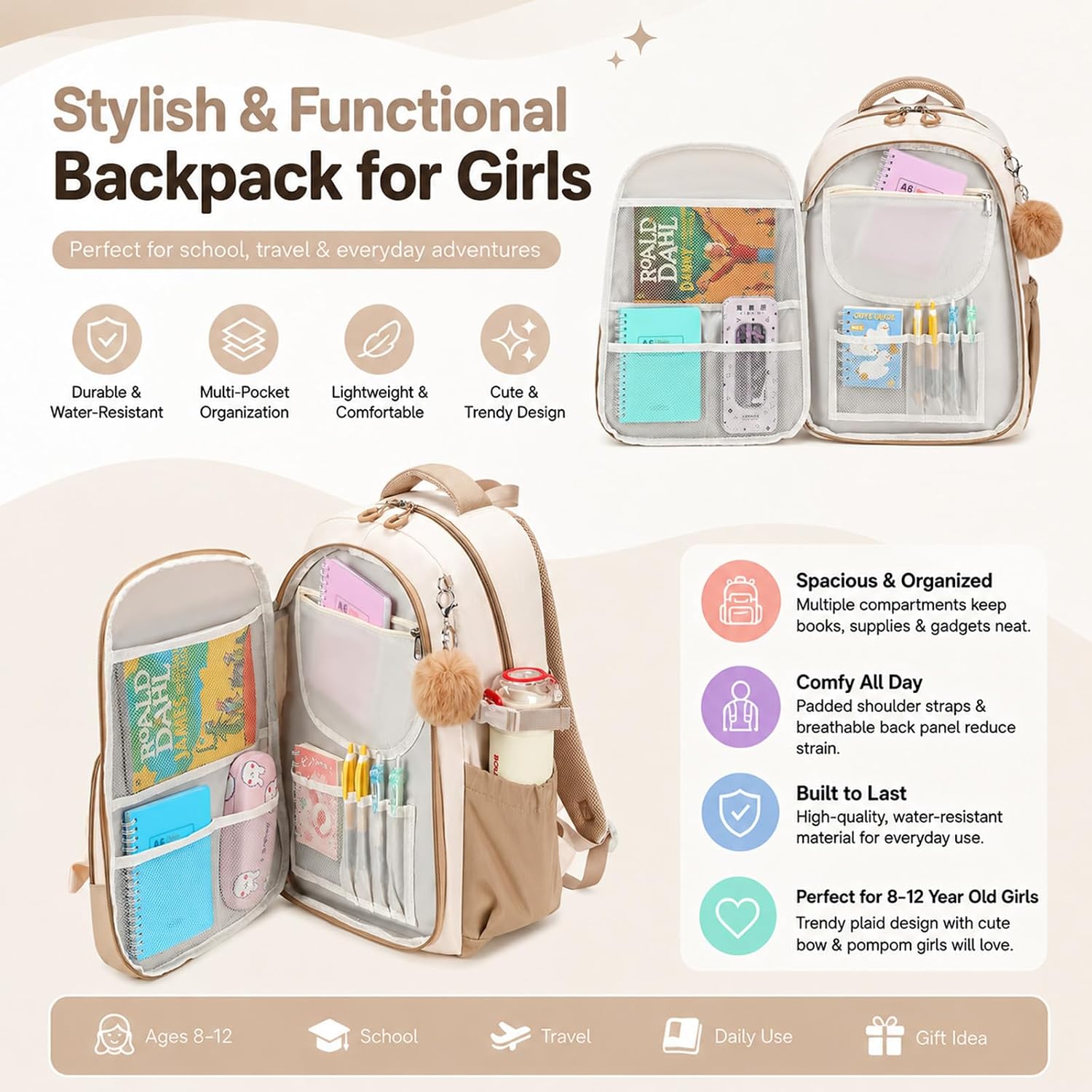 Bluboon School Backpack for Teen Girls Women Laptop Backpack College Bookbags Middle School Travel Work Commuter Back Pack (Khaki White)