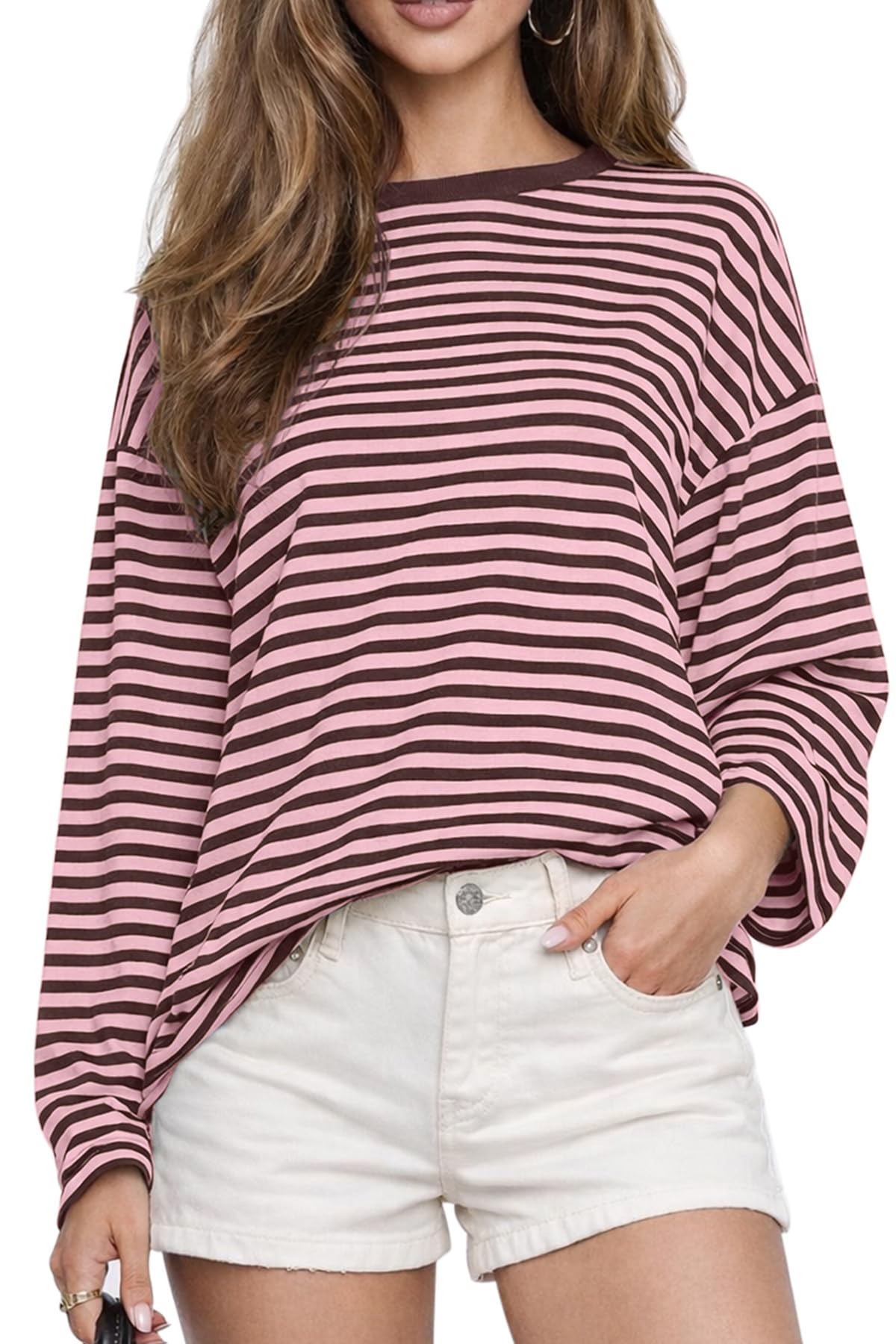 CHYRII Women Oversized Striped Long Sleeve T Shirt