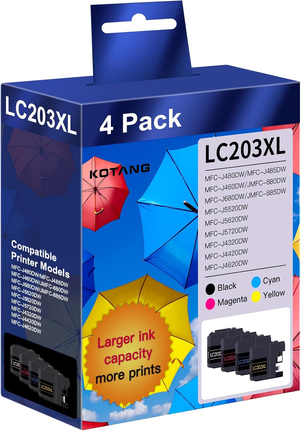 LC203XL LC201 Ink Cartridges Compatible for Brother LC203 LC201 High Yield Work with Brother MFC-J480DW MFC-J880DW MFC-J4420DW MFC-J680DW Printer (BK/CMY, 4 Pack)