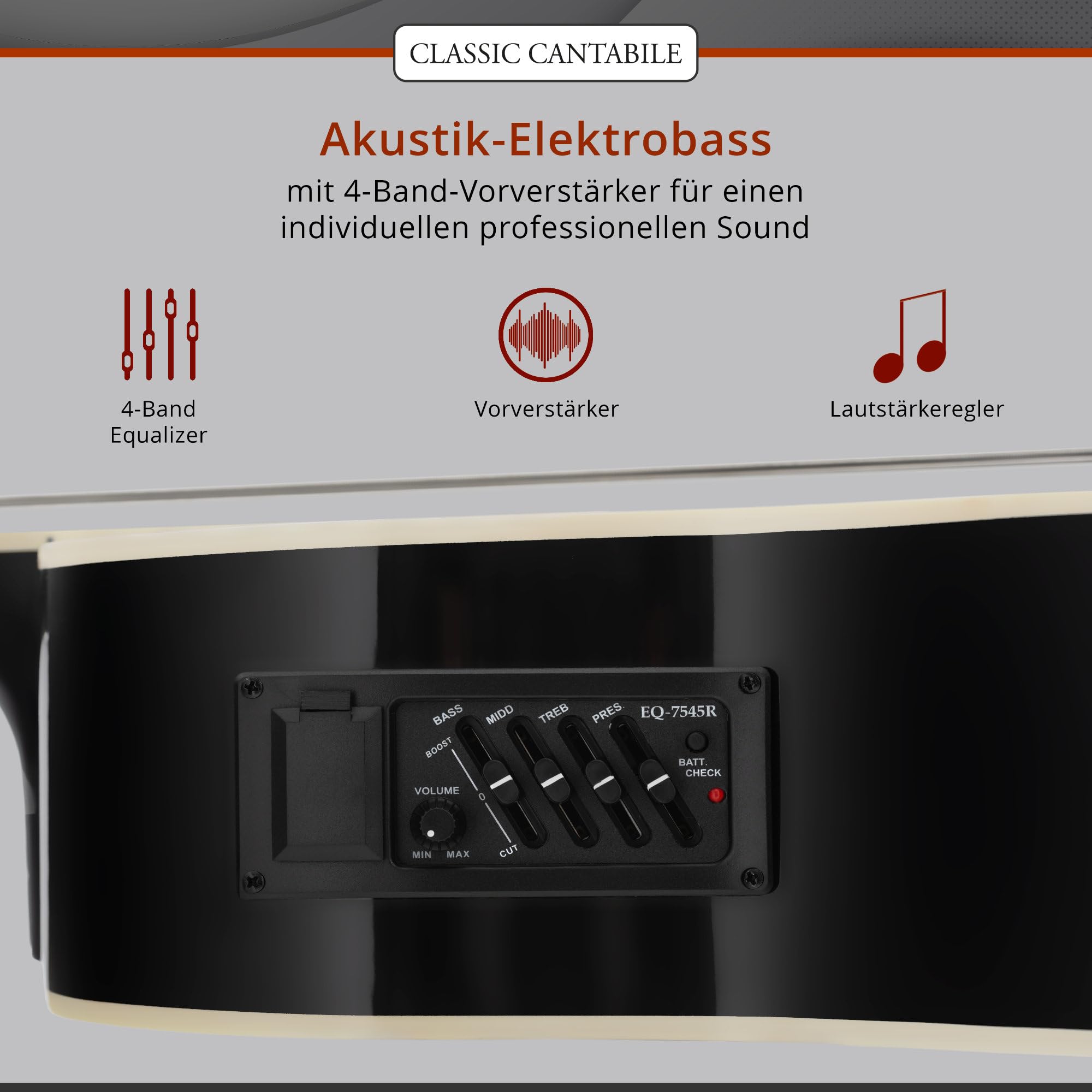 Classic Cantabile Short Scale Akustik Bass - 4 Saiten - Black Gloss Finish - Piezo Tonabnehmer & Cutaway - Decke aus Fichte - Boden & Zarge aus Okoume - Ideal für Einsteiger & Unplugged Sessions