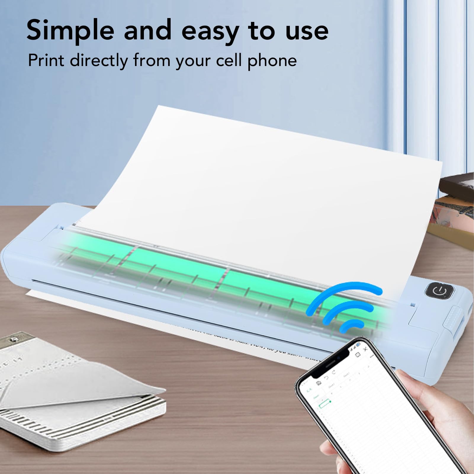Bewinner Stampante Wireless Portatile, Stampante Wireless Bluetooth 200 Dpi, Stampante Termica Compatta per Uso Domestico Senza Inchiostro, Supporta Carta Termica A4, Stampante Mobile