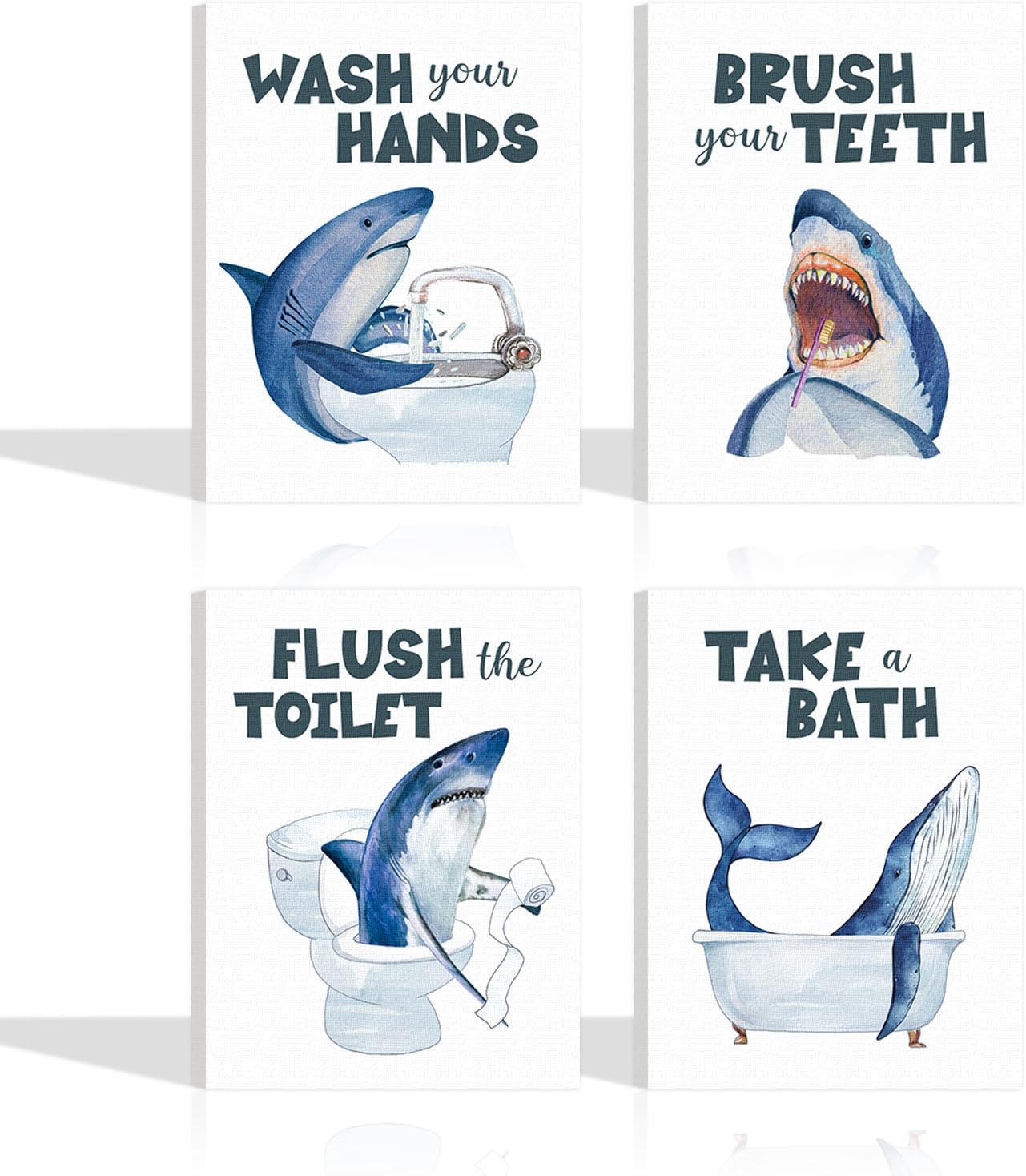 TOARTi Funny Shark Framed Canvas Bathroom Toilet Wall Decor (Set of 4, 8 x 10 inches), Ocean Blue Shark Bathroom Rules Art Print for Nursery Kids, Wash Brush Flush Bath Sign Poster