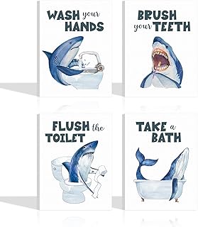 TOARTi Funny Shark Framed Canvas Bathroom Toilet Wall Decor (Set of 4, 8 x 10 inches), Ocean Blue Shark Bathroom Rules Art Print for Nursery Kids, Wash Brush Flush Bath Sign Poster