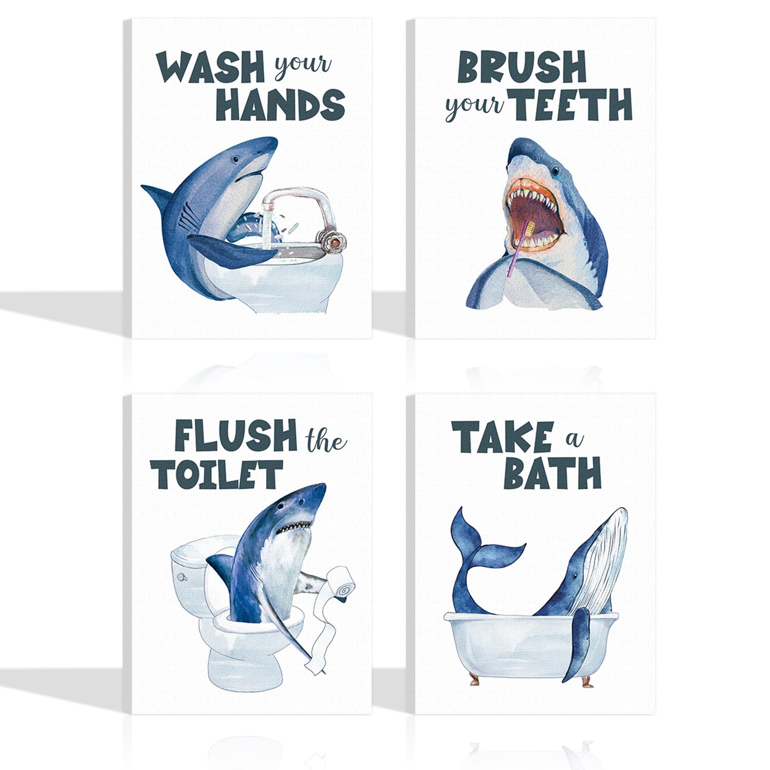 TOARTi Funny Shark Framed Canvas Bathroom Wall Decor (Set of 4, 8 x 10 inches), Ocean Blue Shark Bathroom Rules Art Print for Nursery Kids, Wash Brush Flush Bath Sign Poster