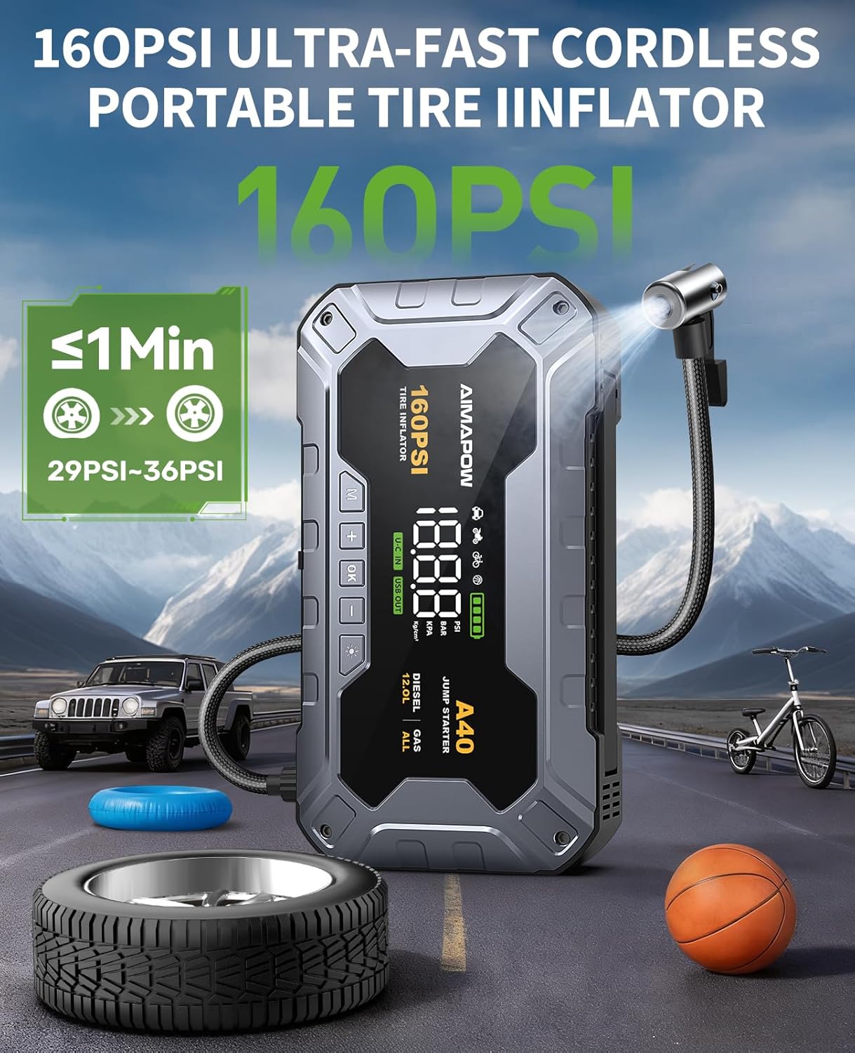 8000A 160PSI Jump Starter with Air Compressor, 12V Car Battery Jump Starter Power Bank(All Gas/12L Diesel), Car Starter with LED Flashlight, Force Start, Jump Pack with Jump Leads - Image 3