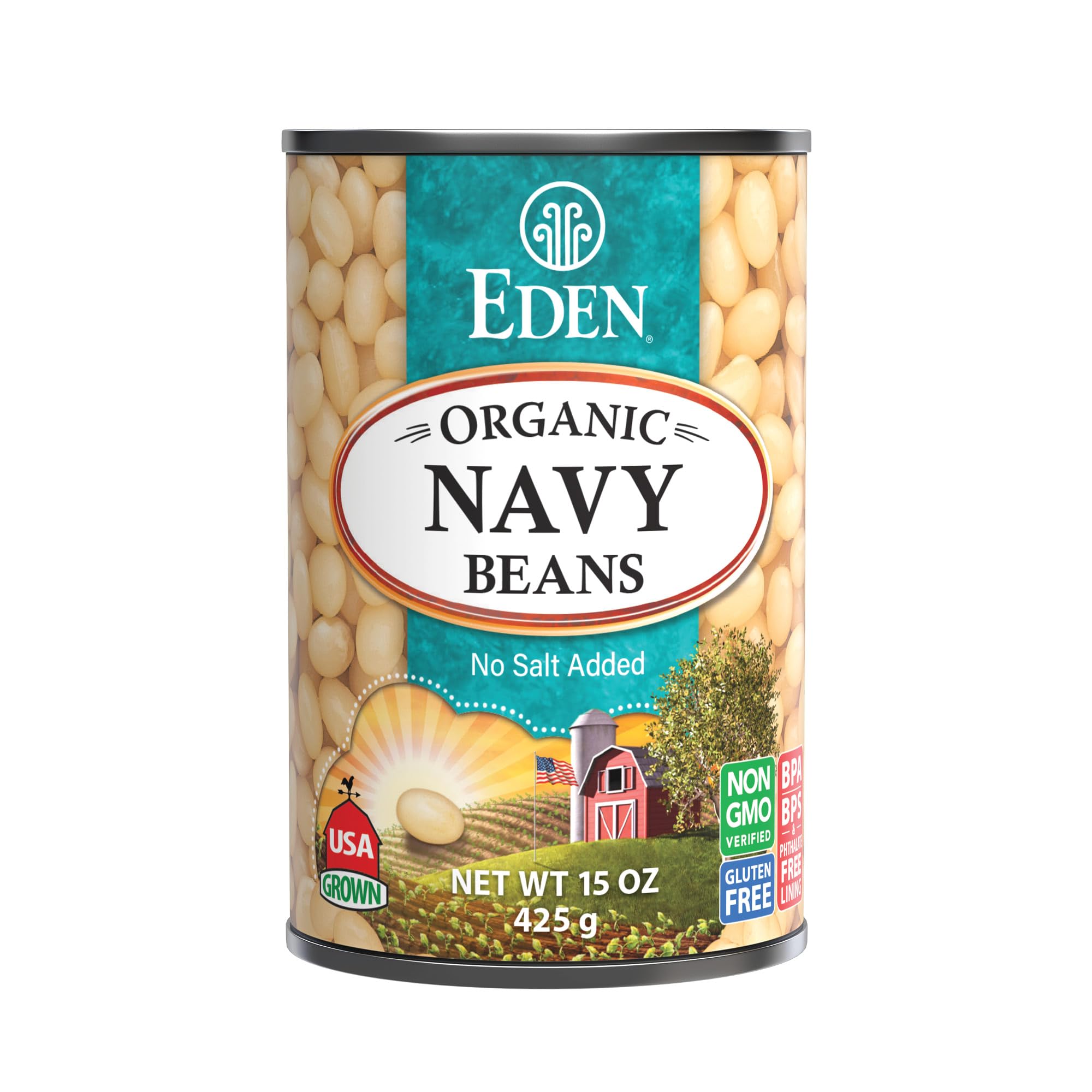 Eden Organic Navy Beans/White Beans, 15 oz Can (12-Pack), No Salt, Non-GMO, Gluten Free, Vegan, Kosher, U.S. Grown, Heat and Serve, Macrobiotic, Boston Bean