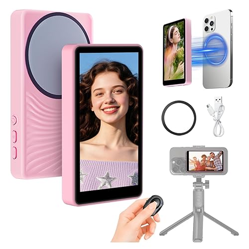 Zarvexis Selfie Monitor Screen iPhone,Magnetic Selfie Screen 4K 60fps Bluetooth Remote,Back Camera Monitor for Vlog Live Stream TikTok,Wireless Screen Mirroring with iPhone & Android(Pink) - Pink