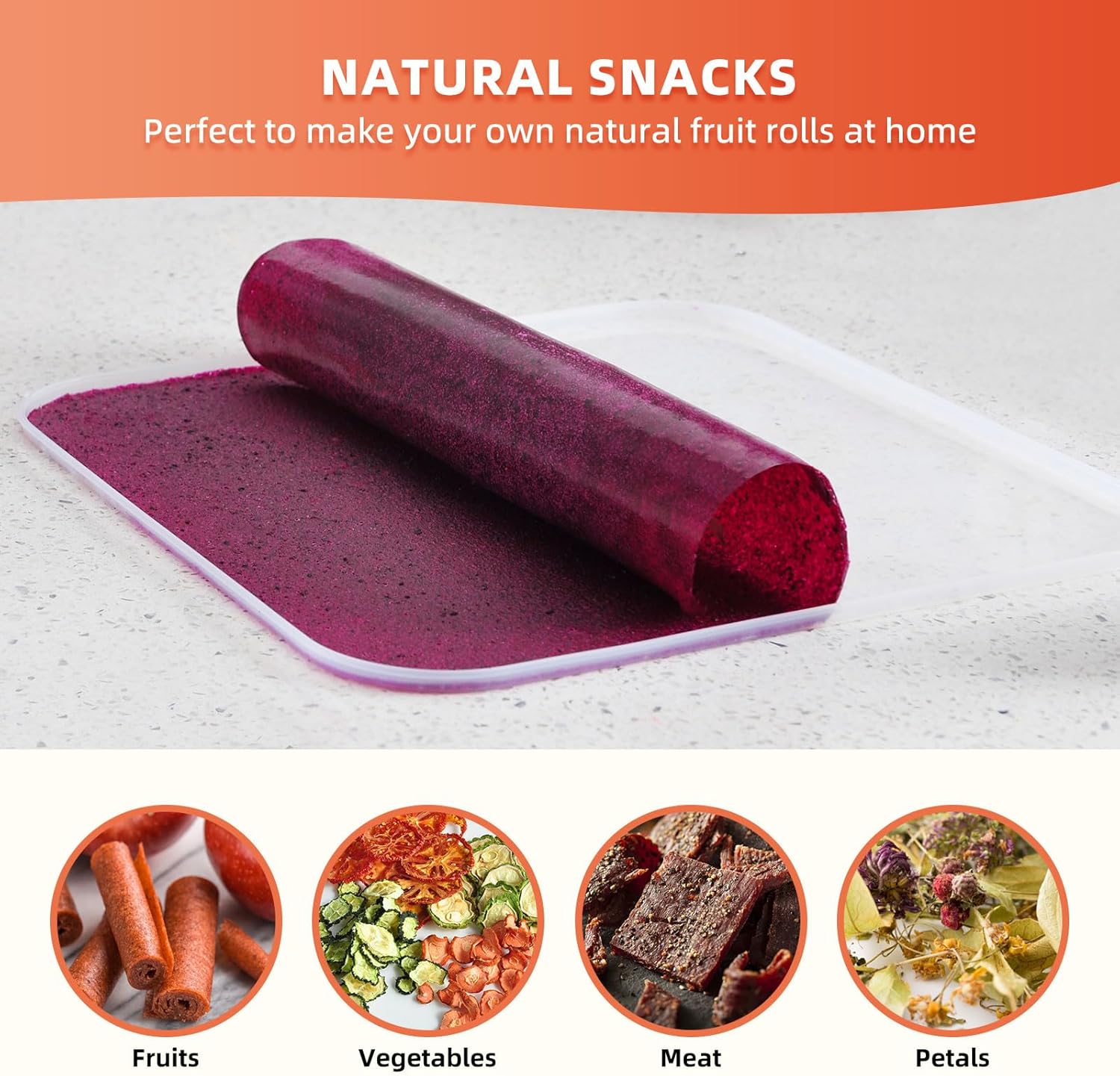 Silicone Dehydrator Trays with Edge, Dehydrator Accessories, 4Pack BPA-Free Fruit Roll Sheets, Used for Dehydrated Food, Fruit Leather, Jerky, Herbs, Meat, Mushroom, Swiss Rolls,11" x 11"