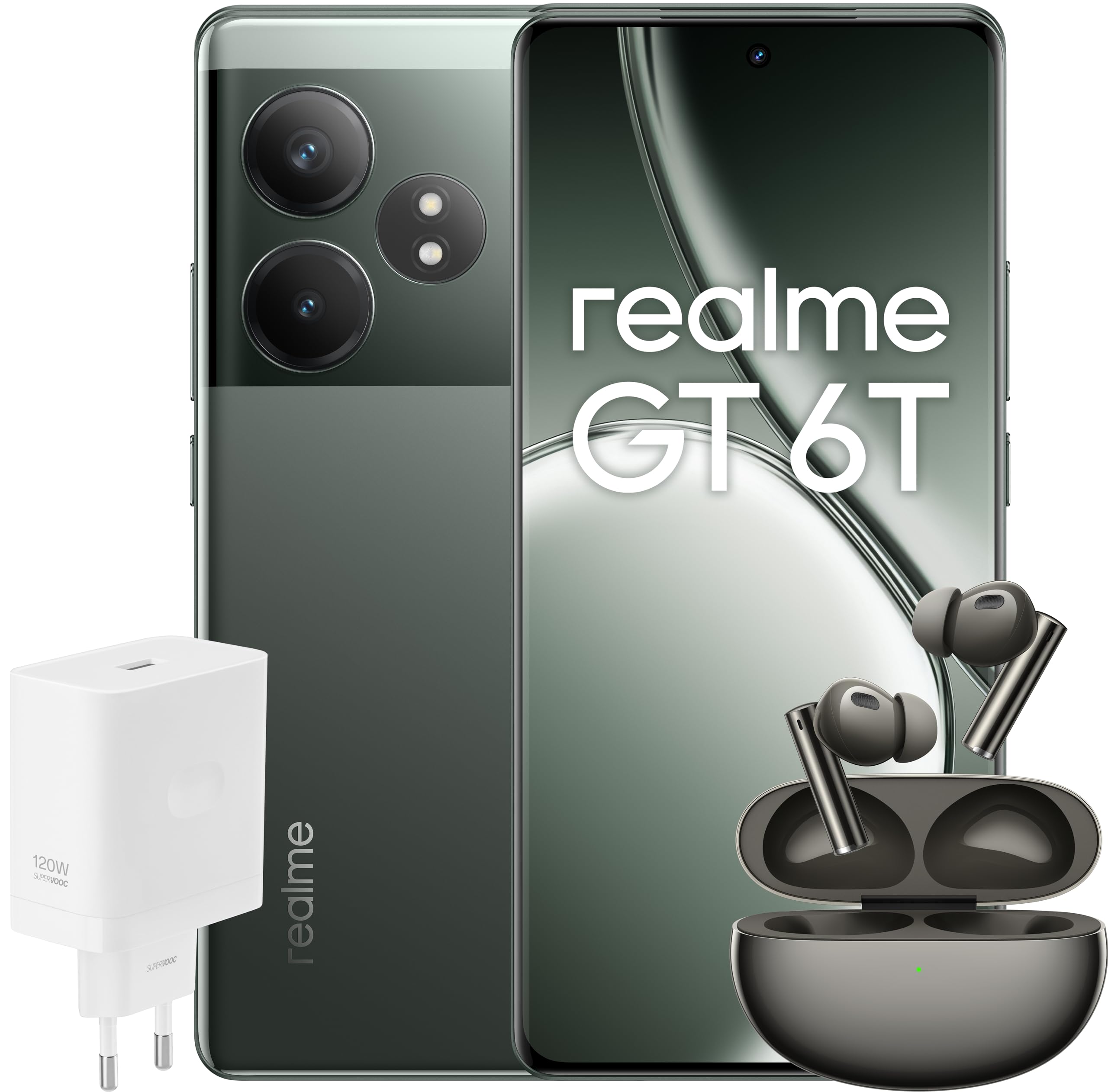 realme Smartphone GT 6T 256GB 8GB Razor Green EU + Buds Air 6 Forest Green EU + SUPERVOOC 120W Power Adapter White