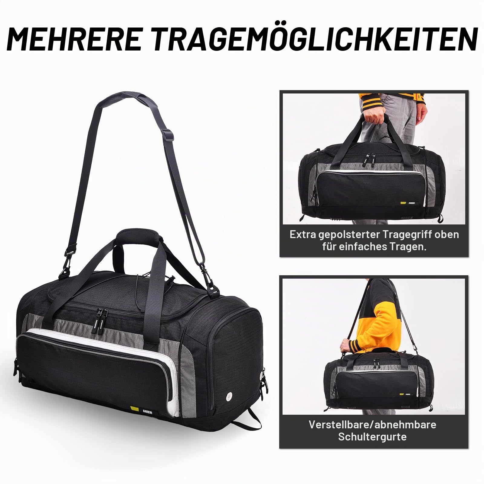 MIER Sporttasche 60L mit Schuhfach, Reisetasche für Gym und Reise, Schwarz