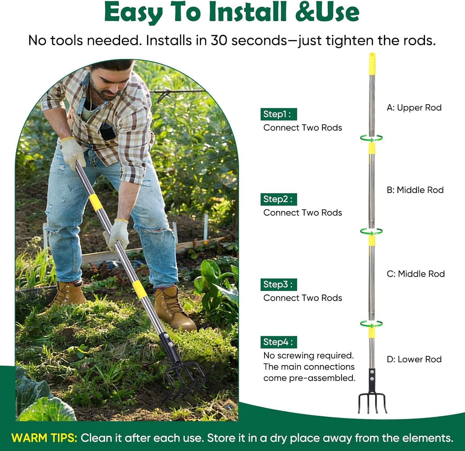 Garden Hand Tiller Cultivator, 4-Tine Adjustable Long Handle, Heavy Duty Weeding Tool for Raised Beds, Rust-Resistant Soil Loosener for Flower & Vegetable Gardens