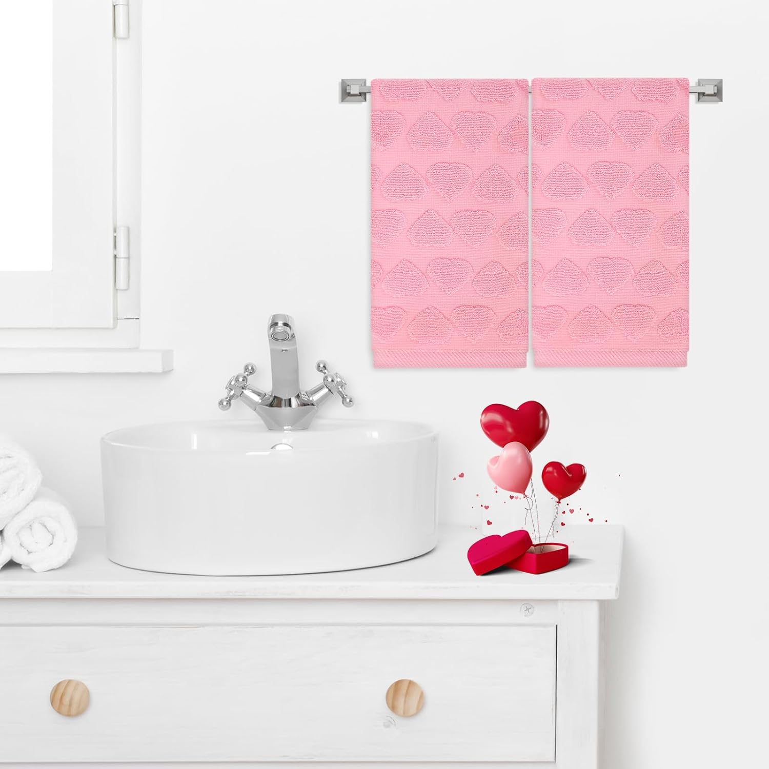 2Pcs Valentine Hand Towels 3D Pink Heart Cotton Bathroom Towels Plush Bath Towels for Drying Cleaning Cooking, 29.5 x 13.7 Inch - Image 5
