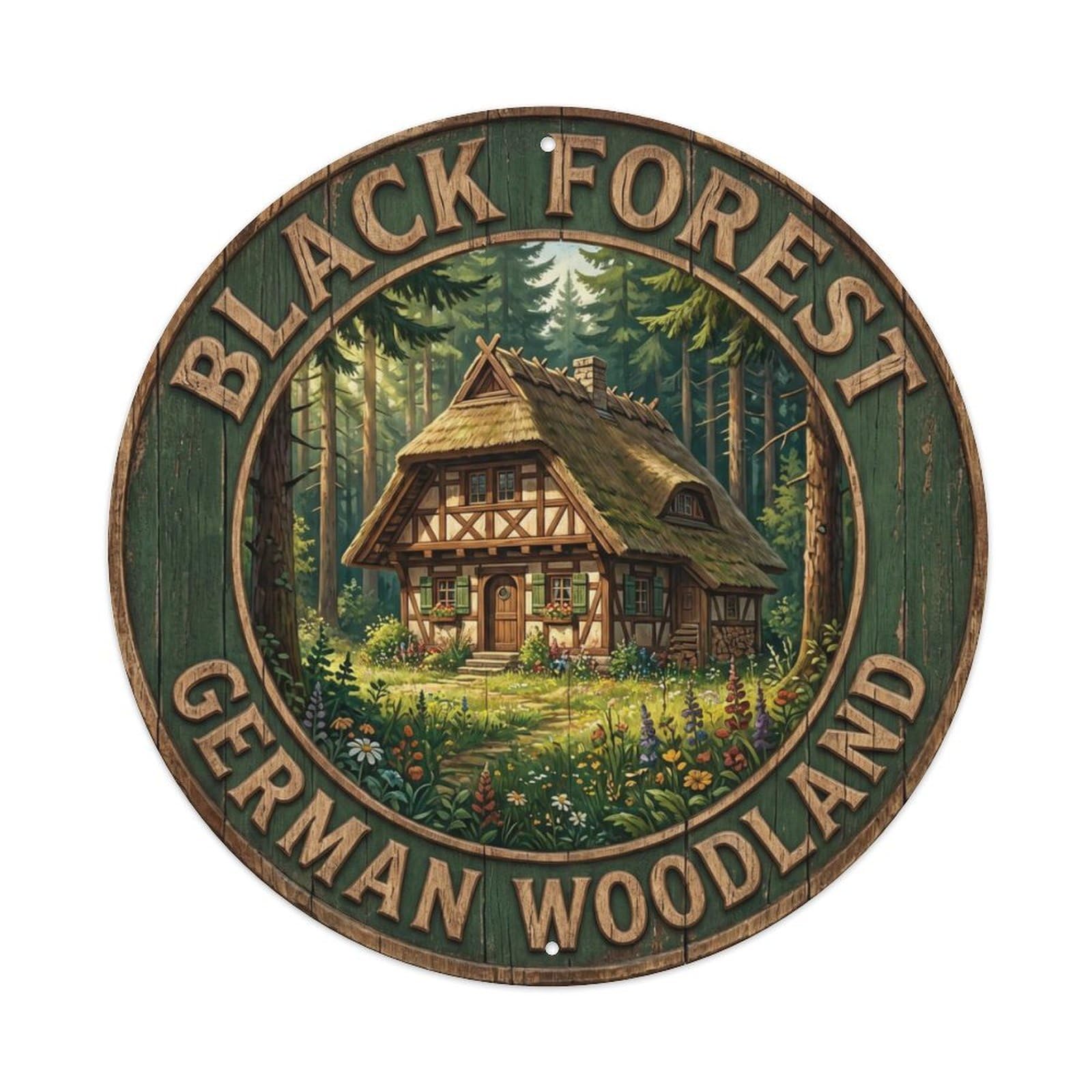 Vintage Travel Black Forest Cottage Metal Tin Sign Plaque Wall Decor for Cafe, Club Bar, Office, Home Garden Round Metal Poster 8x8Inch
