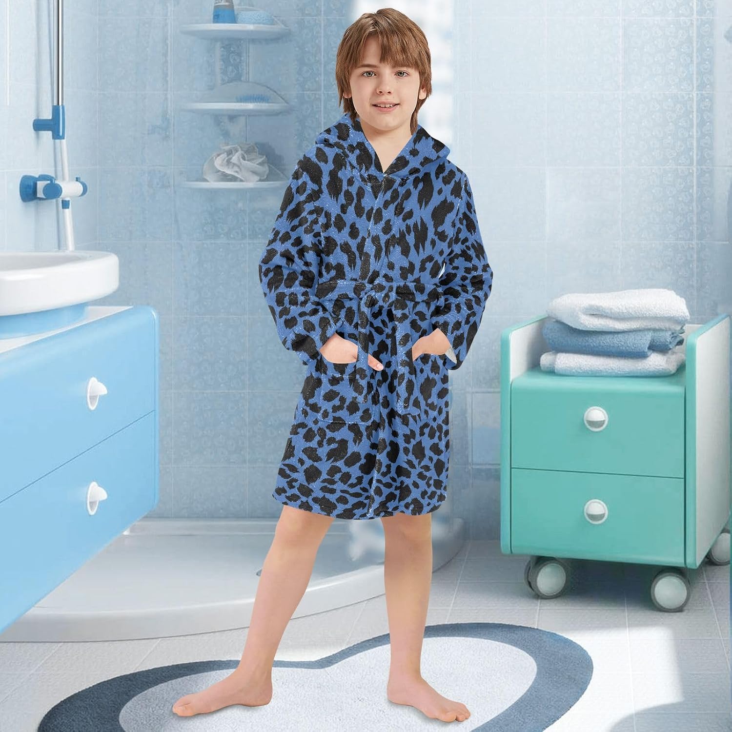 Navy Leopard Print Toddler Hooded Bathrobe for Boys Girls Soft Plush Bath Towel Robe 2-12 Years