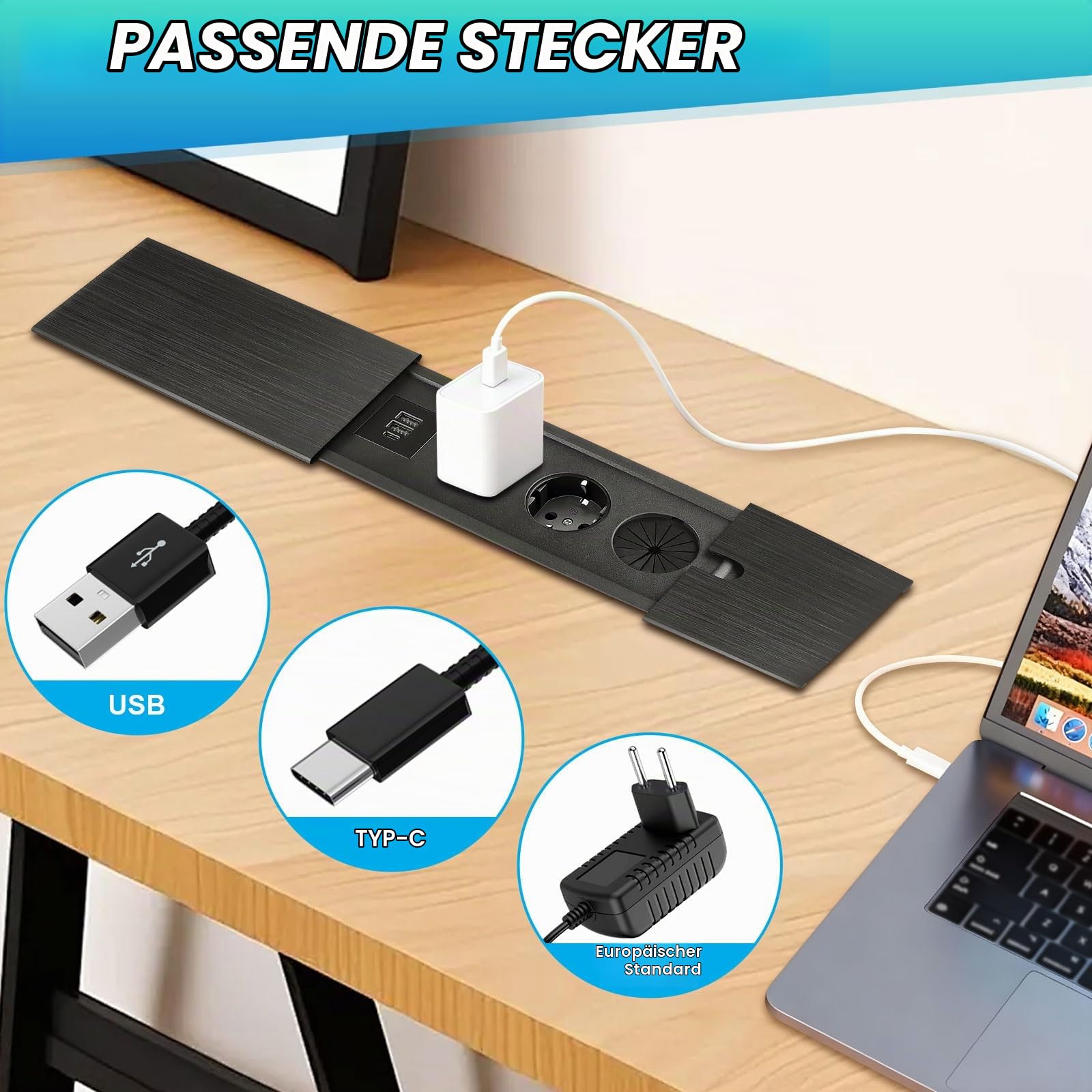 Einbau Steckdosenleiste Versenkbare Einbausteckdose 2 Fach mit USB C | Schiebedeckel, Tischsteckdose Tischplatte Versenkte Steckdose, für Schreibtisch Küche Büro Sofatisch Konferenztisch, Schwarz
