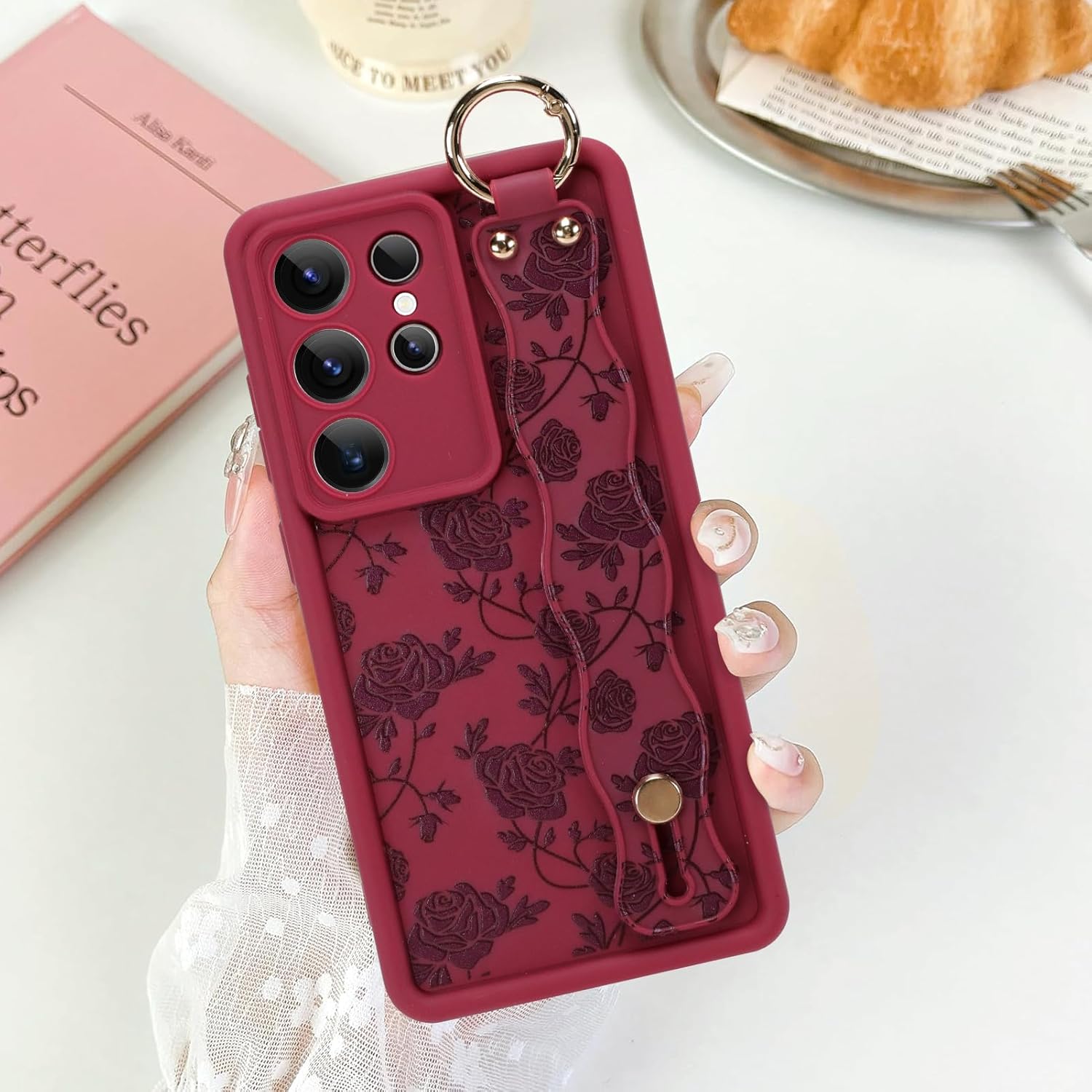 Silicone Case for Samsung Galaxy S25 Ultra with Strap, Cute Rose Flowers Floral Phone Case for Girl Women, Adjustable Finger Strap Shockproof Protective Cover, Red Rose - Image 6
