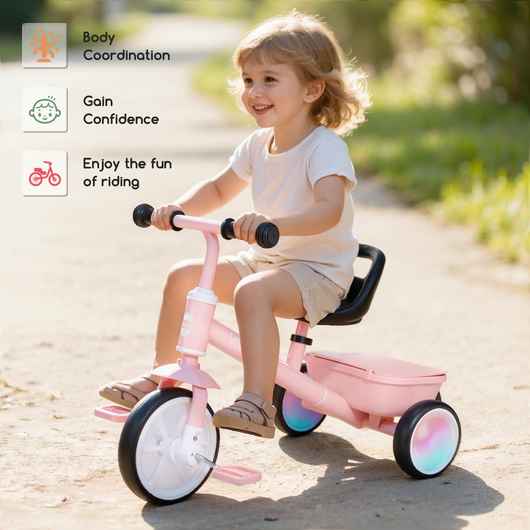 VITONIS Kleinkinder Dreirad ab 2 Jahre, Laufrad für Kinder von 24 Monate bis 5 Jahre, Mit Zwei LED-beleuchteten Rädern, Geschenke und Spielzeug für Jungen und Mädchen，Rosa