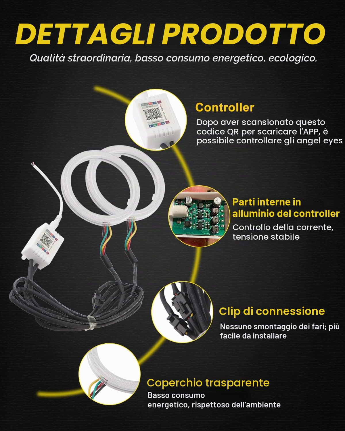Qasim 1 paio da LED COB Fari Angel Eyes Halo Rings Anello Halo Occhi d'Angelo Universale per Auto da Moto DRL Spia Faro con Coperchio Controllo dell'APP mobile Bluetooth 12V DC 60MM 60SMD RGB
