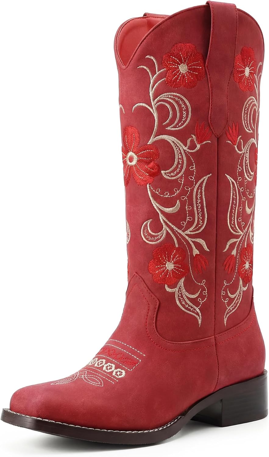 Cowboy Boots for Women Square Toe Cowgirl Boots Chunky Heel Mid Calf Sunflower Embroidered Western Pull On Comfortable Retro Stylish Riding Boots