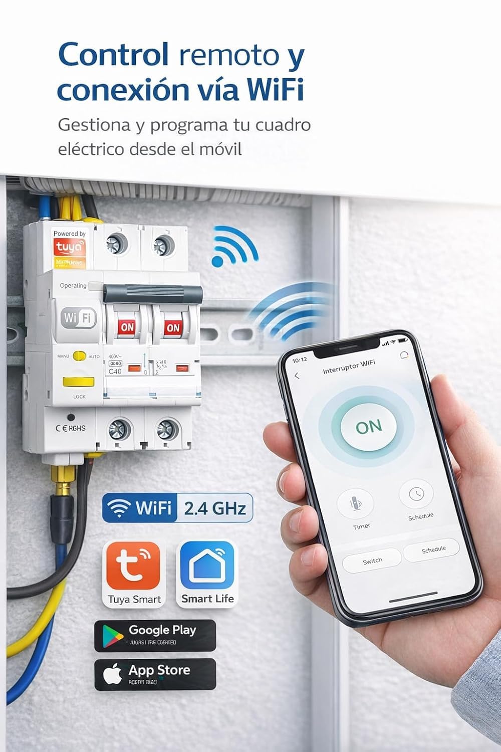 RASMACOR - Interruptor Magnetotermico Rearmable WIFI 2P 25A Curva C 6kA – Compatible con App Tuya Smart – Domotica - Termico Inteligente con Control Remoto