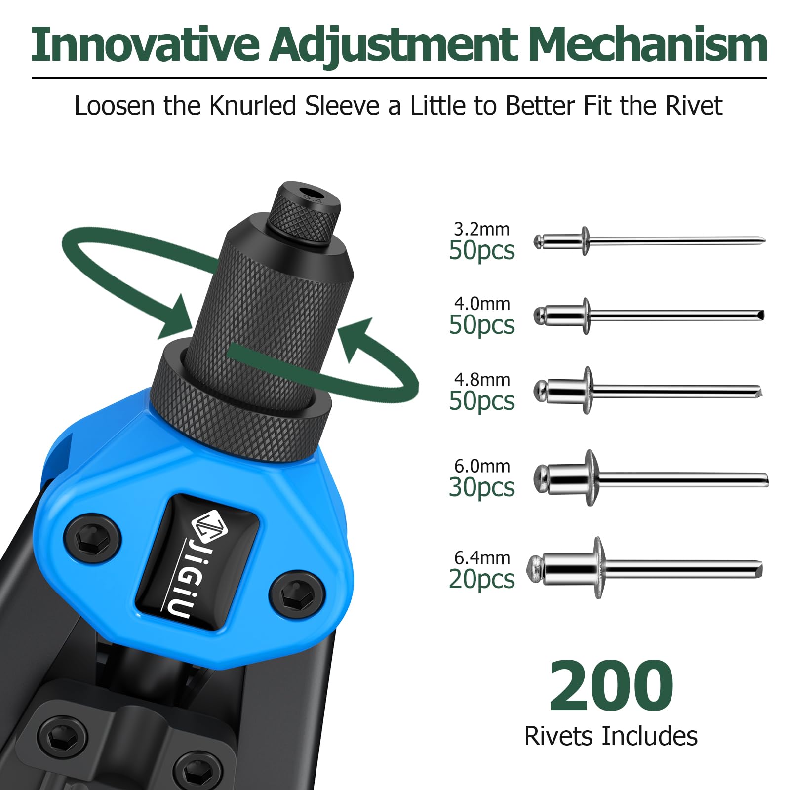 JiGiU 13" Professional Rivet Gun Rivet Tool Pop Rivet Gun Kit Hand Riveter Tool Set including 200Pcs Rivets 3.2mm 4.0mm 4.8mm 6.0MM 6.4mm Riveter Tool for Automotive Railway Furniture Instrument-Blue - Image 2
