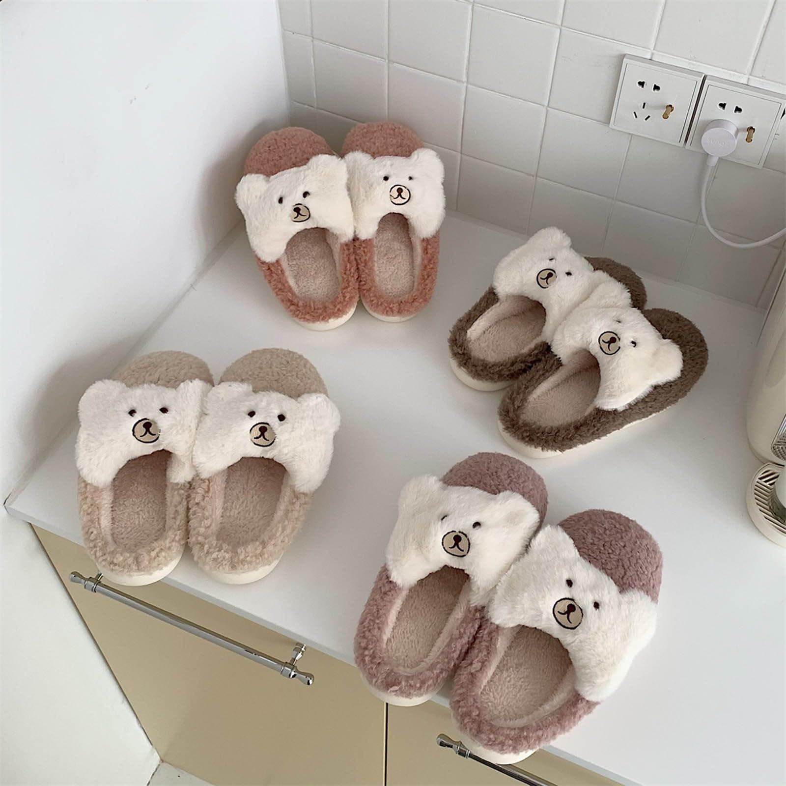 Pantuflas de mujer con diseño de oso y corazón