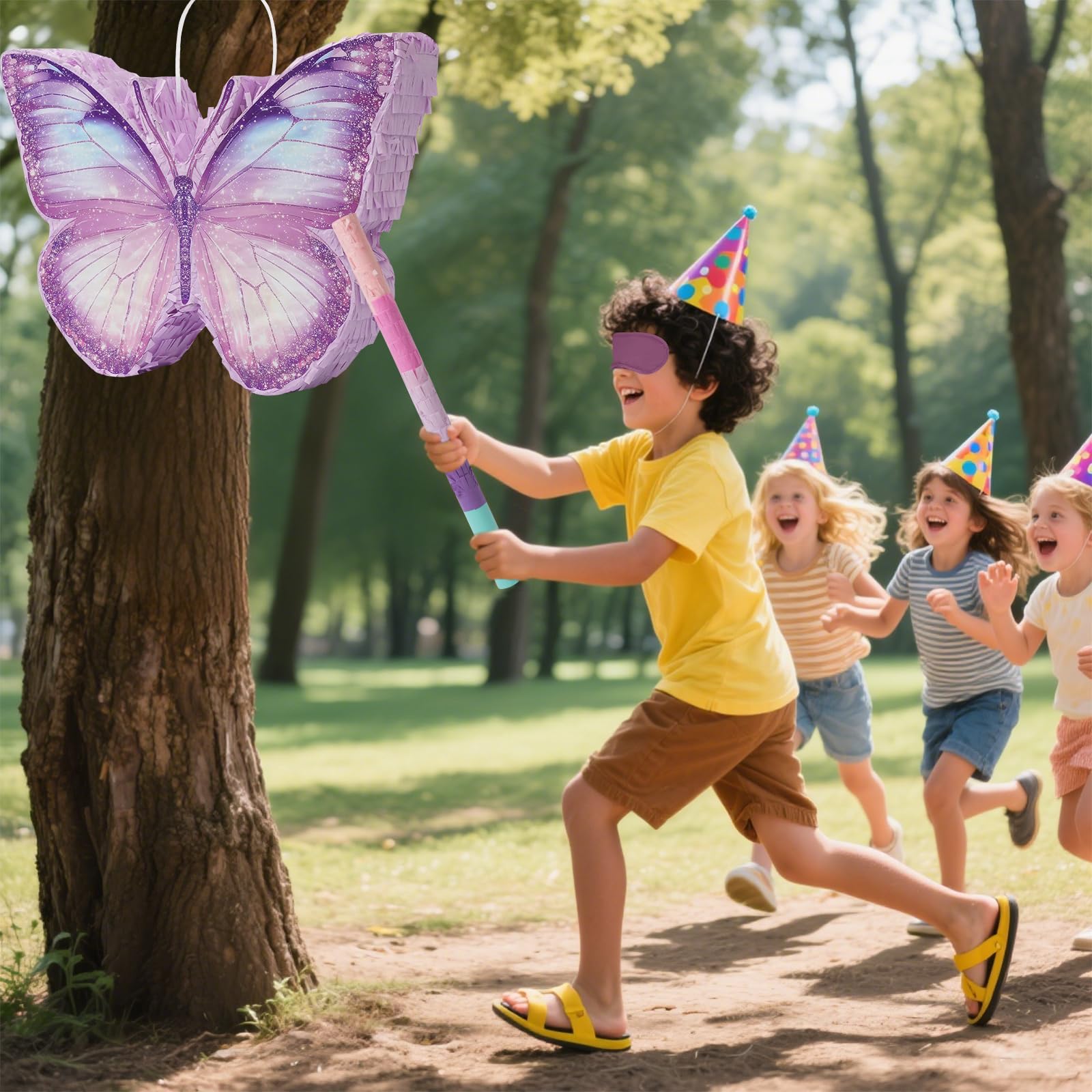 Butterfly Piñata - Purple Butterfly Piñata with Bat and Blindfold for Girls Kids Purple Themed Birthday Party Game Decorations (16”x11.5”x3”)