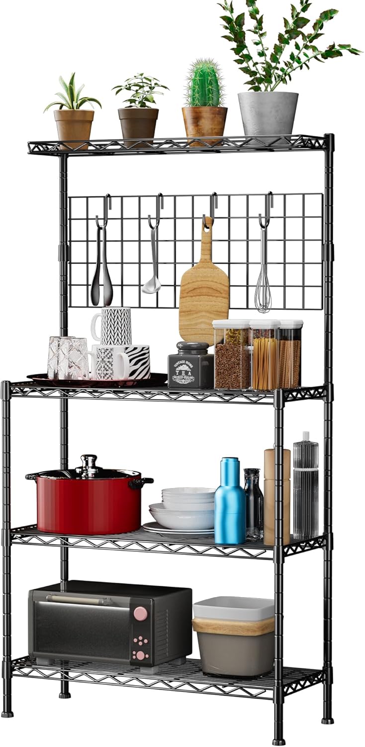 4 Tier Microwave Stand with Storage,14" D x 30" W x 59" H Kitchen Bakers Rack,Practical Storage Rack with 4 Hooks, Adjustable Remove Top Kitchen Stand Black