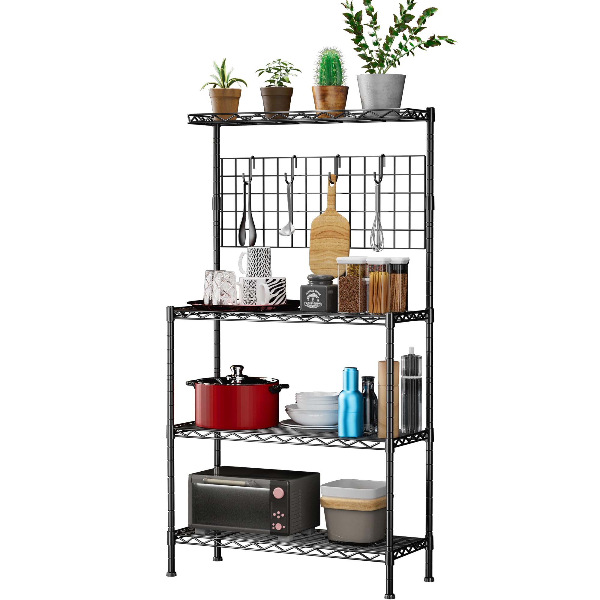 4 Tier Microwave Stand with Storage,14" D x 30" W x 59" H Kitchen Bakers Rack,Practical Storage Rack with 4 Hooks, Adjustable Remove Top Kitchen Stand Black