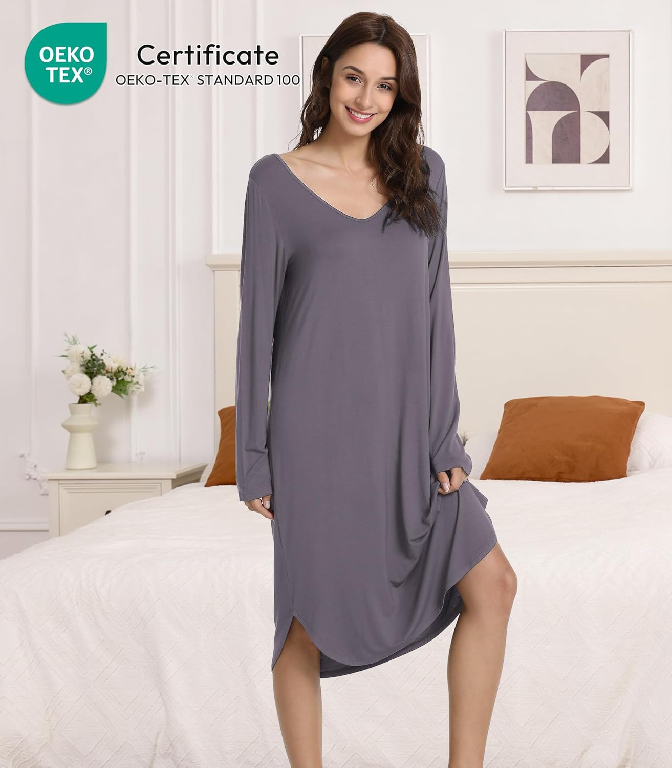 NACHILA Nightgowns for Women-Viscose Made from Bamboo,Long Sleeve Sleep Shirt Soft Nightshirts V Neck Sleepdress - Image 3