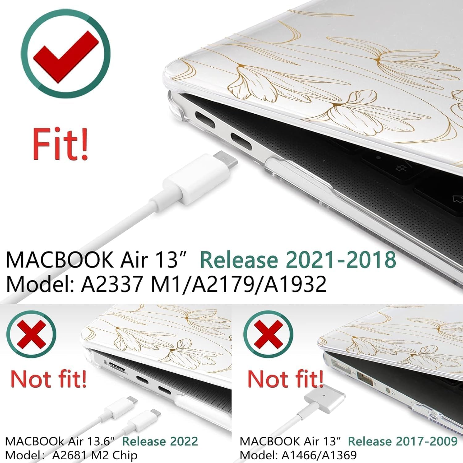 TWOLSKOO for MacBook Air 13.3 inch Case 2021 2020 2019 2018 Release M1 A2337 A2179 A1932 with Touch ID, Plastic Hard Shell Case & Keyboard Cover & Type C Adapter, Gold Florals