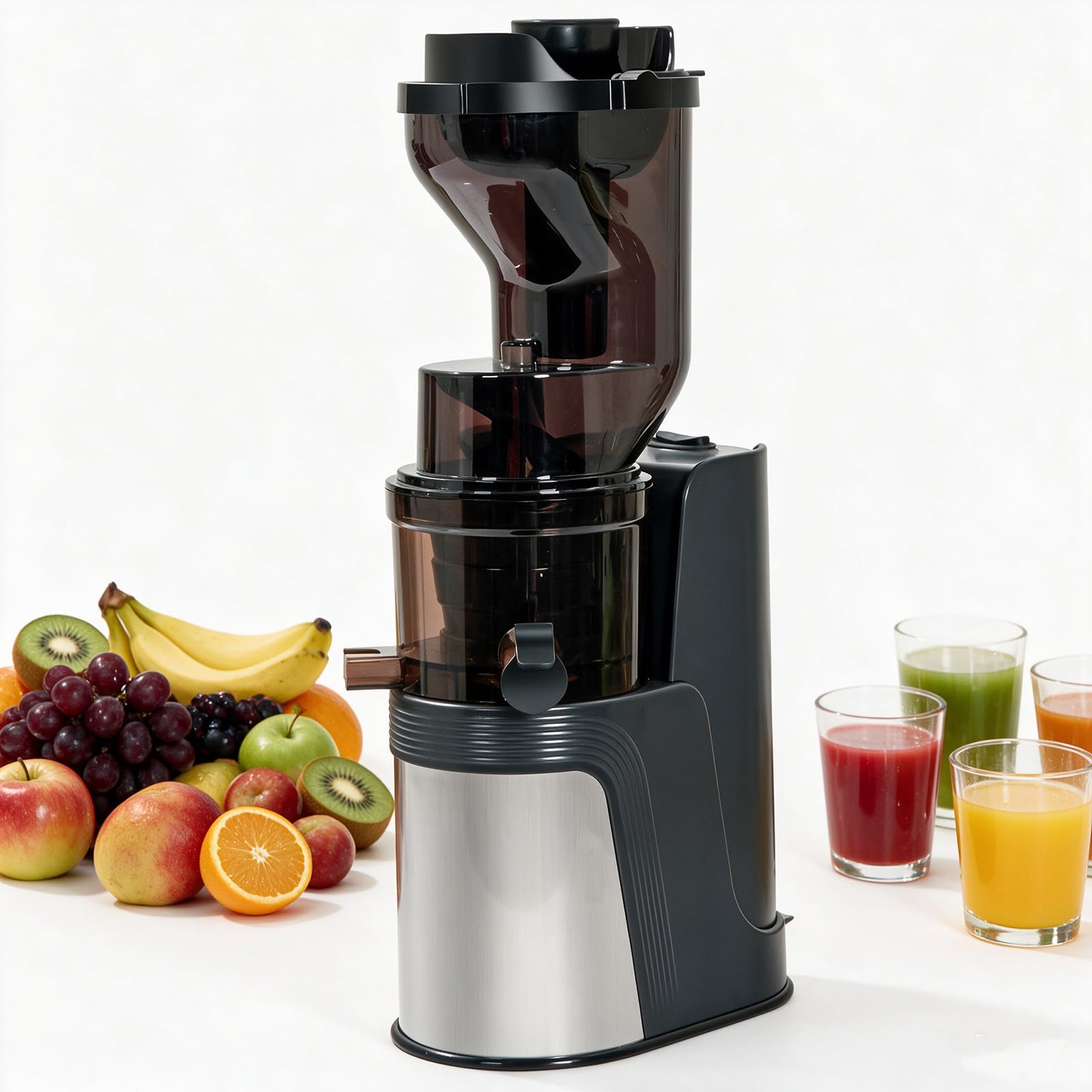 Presse-agrumes lent à pression froide, conception à double séparation | Goulotte d'alimentation ultra large de 150 mm, prend en charge le jus de fruits entiers. Rotation avant et arrière(black)