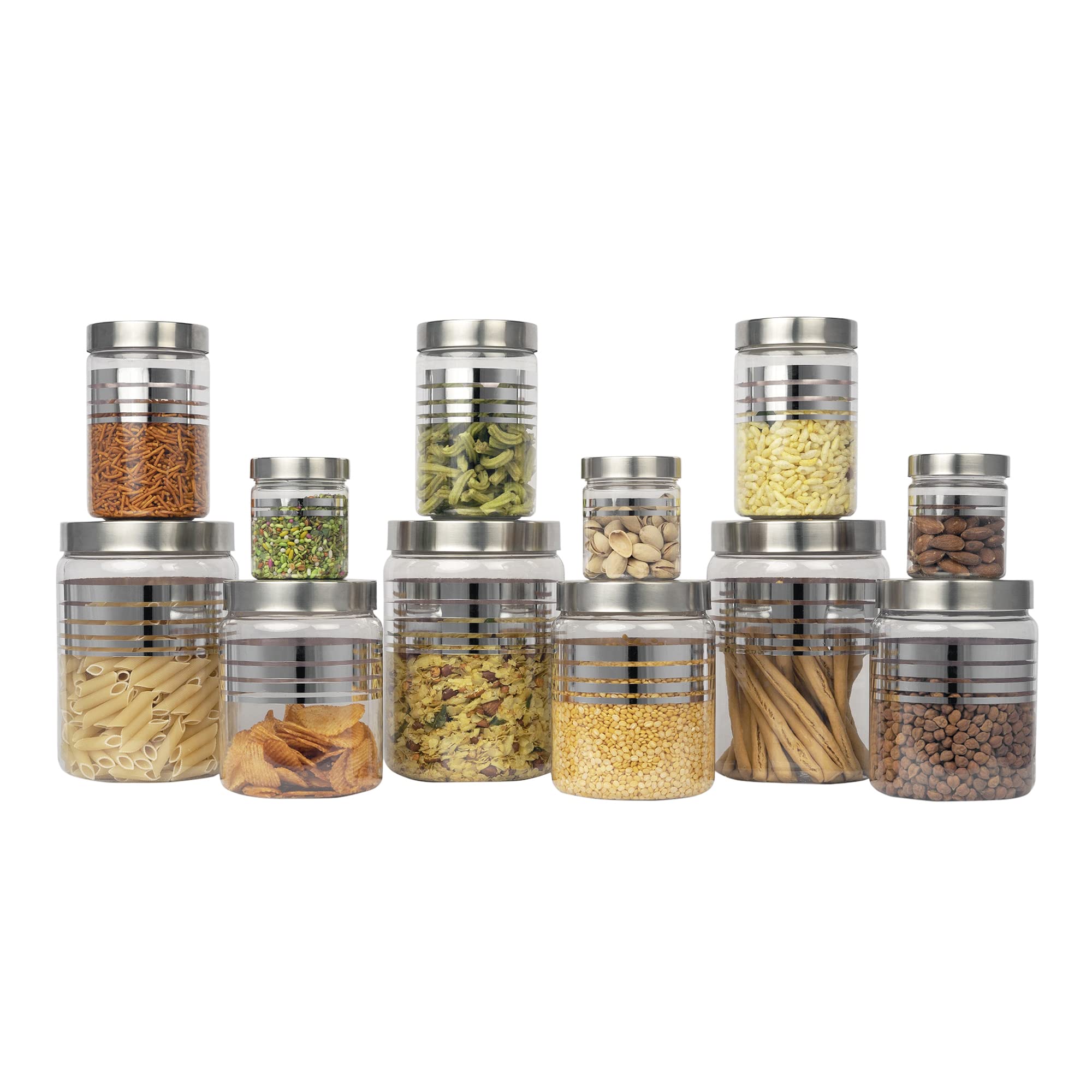 G-PET Silver Line Containers (Set Of 12) 12C - 2000 ml,1000 ml,750 ml,200 ml Plastic,Steel Grocery Container (Pack of 12,Silver)Plastic Grocery Container | Home Kitchen Container | Plastic Jar Set