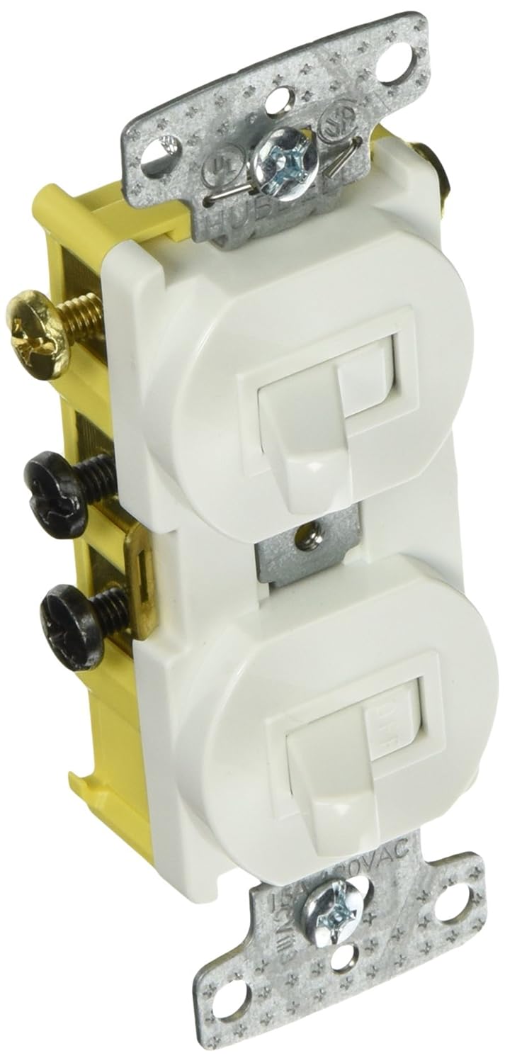Residential Combination Switch, One (1) 15 Amp single Pole Toggle Switch, One (1) 15 Amp Three-Way Toggle Switch, 120/277V AC, Side Wired Only, Self-Grounding, White