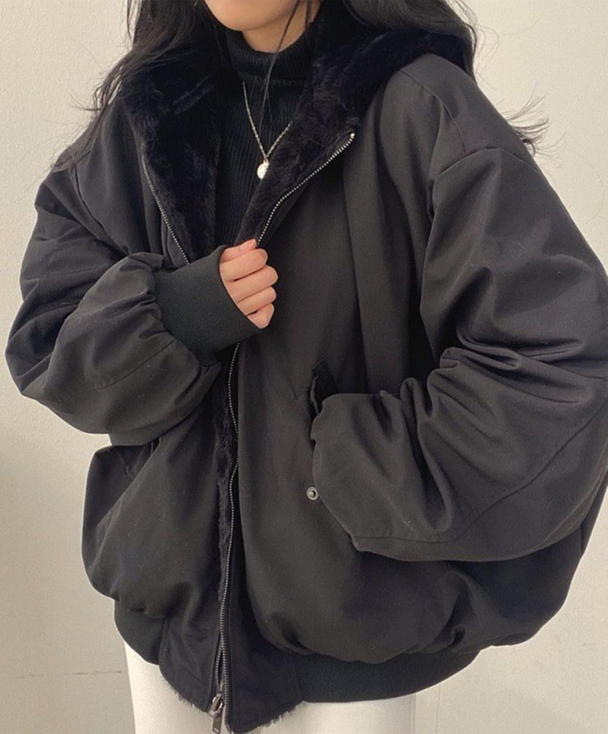 Womens Fleece Lined Jacket Reversible Zip Up Fuzzy Faux Fur Hoodie Oversized Warm Sweatshirt - Image 3