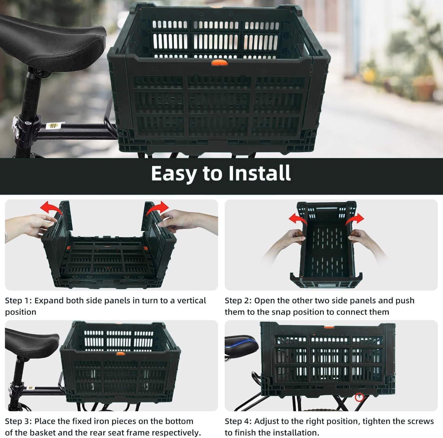 Bike Basket, Foldable 35L Large Capacity Rear Bike Basket, and Durable Bicycle Foldable Rear Basket, Equipped with Waterproof Cover, Fixed Mesh, and Reflective Stickers