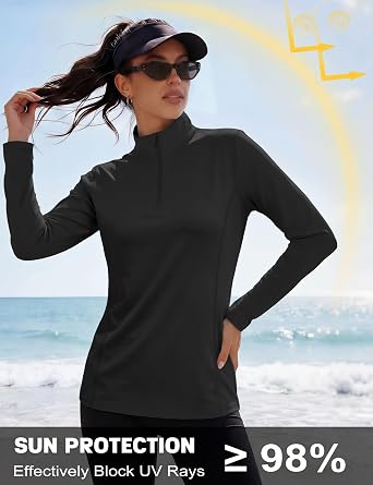 MAGCOMSEN Womens Long Sleeve Tops Quarter Zip UPF 50+ Golf Shirt Rash Guard | Sun UV SPF Protection, 1/4 Zip Pullover, Half Zip, Moisture Wicking, Quick Dry, Lightweight, Workout, Athletic, Hiking, Swim