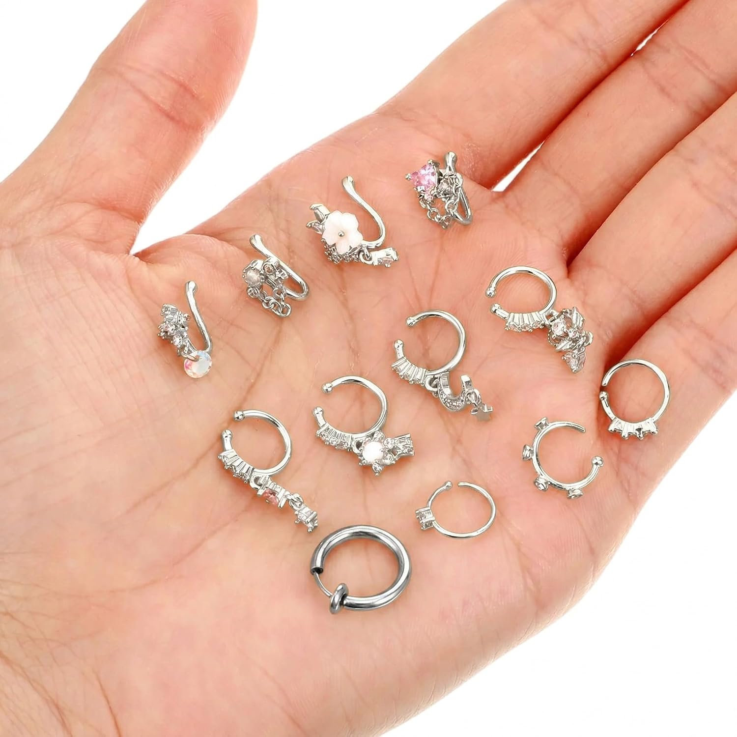 Yolev 12pcs Fake Nose Piercings Silver Fake Nose Ring Hoop African Noses Cuffs Clip On Faux Noses Piercing for Women Non Piercing Jewelry for Women Men