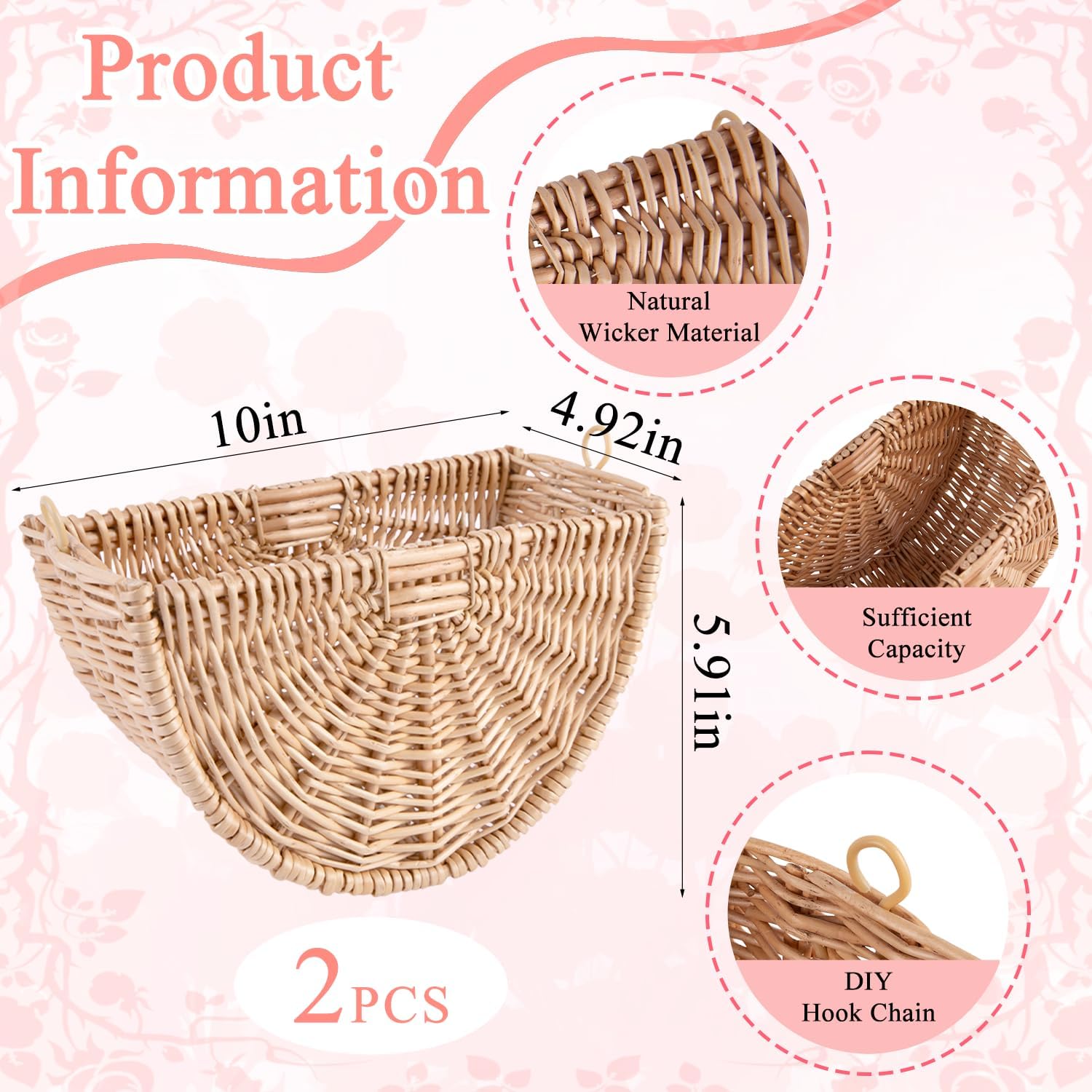 2 Pcs Wicker Flower Girl Basket, Small Half Moon Rattan Flower Basket for Wedding, Picnics, Fruit-picking Trips, Home Decor