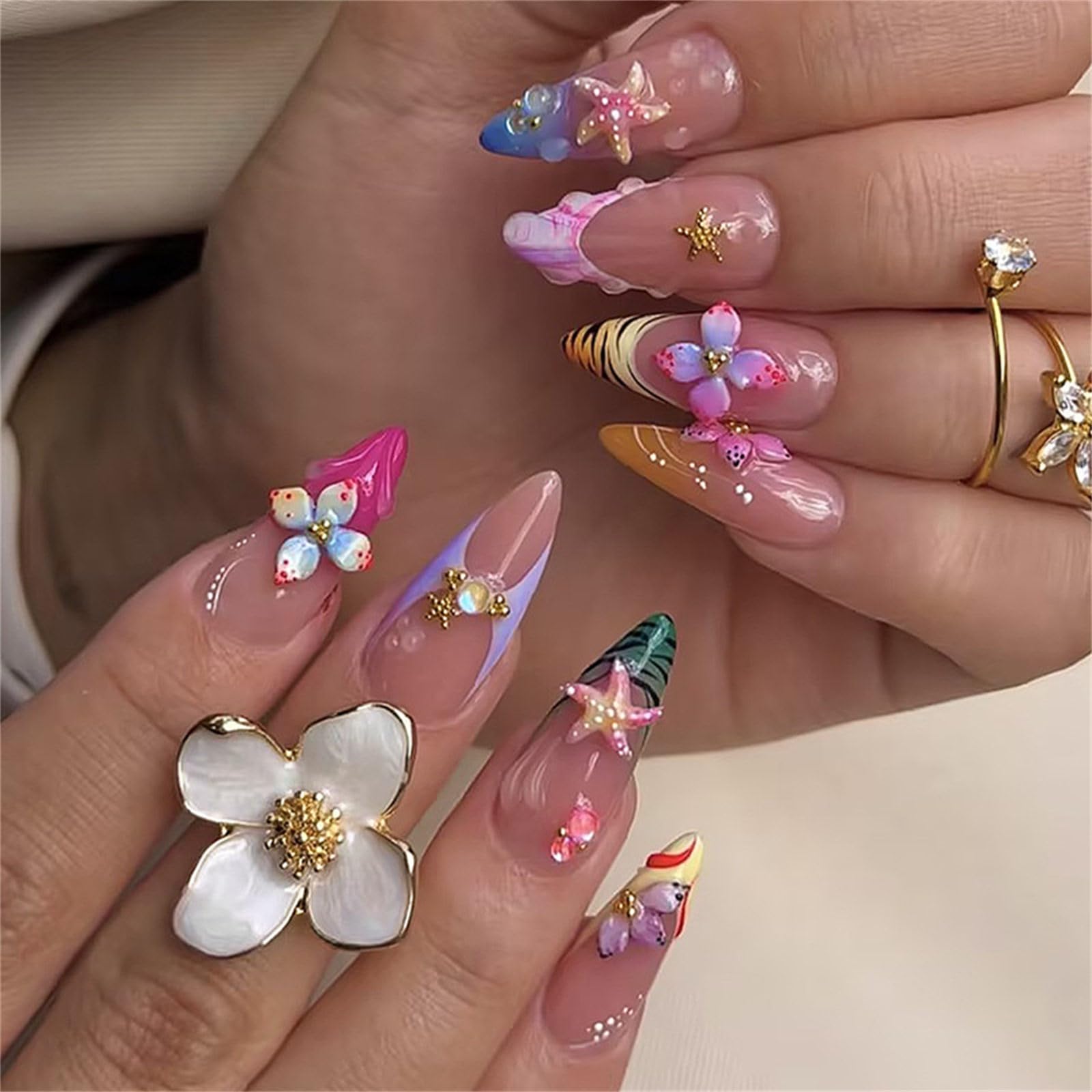 fexxkg 3D Press Ons Pink Gradient Flower Shell Charm False Tips, 30 Pieces Almond Manicure Set in 15 Sizes With Adhesive Tabs f
