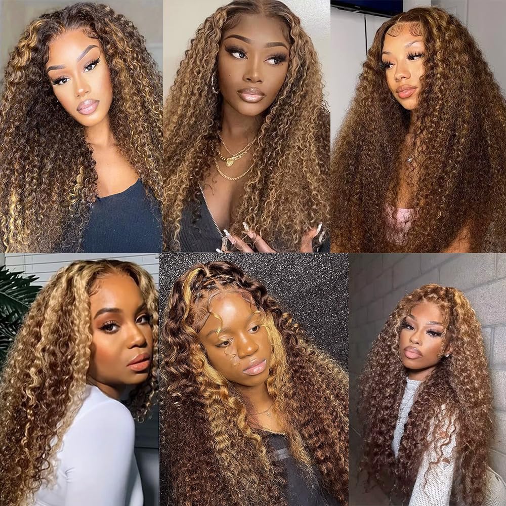 Honey Blonde Ombre Kinky Curly Bundles P4/27 Highlight Curly Wave Human Hair Bundles Chocolate Brown and Honey Blonde Track Mix Brazilian Human Hair Sew-In Extensions 10 12 14 inch