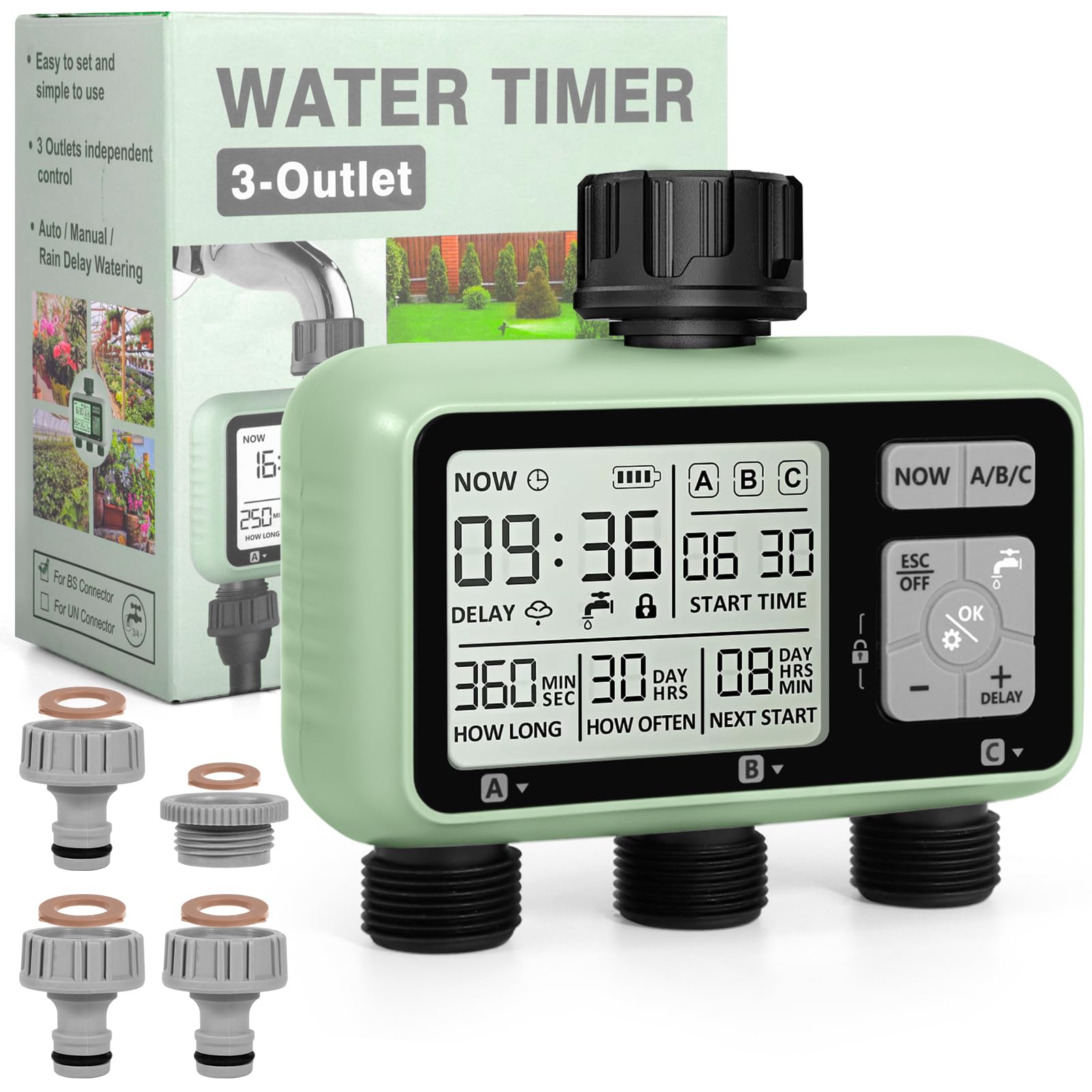 Automatischer Bewässerungstimer, Gartenbewässerungstimer mit LCD Display, 3 Strecken Wasserhahn Timer anschließen, Kindersicherungsmodus, Verzögerte Bewässerung Nach Regen, IPX5 Wasserdicht