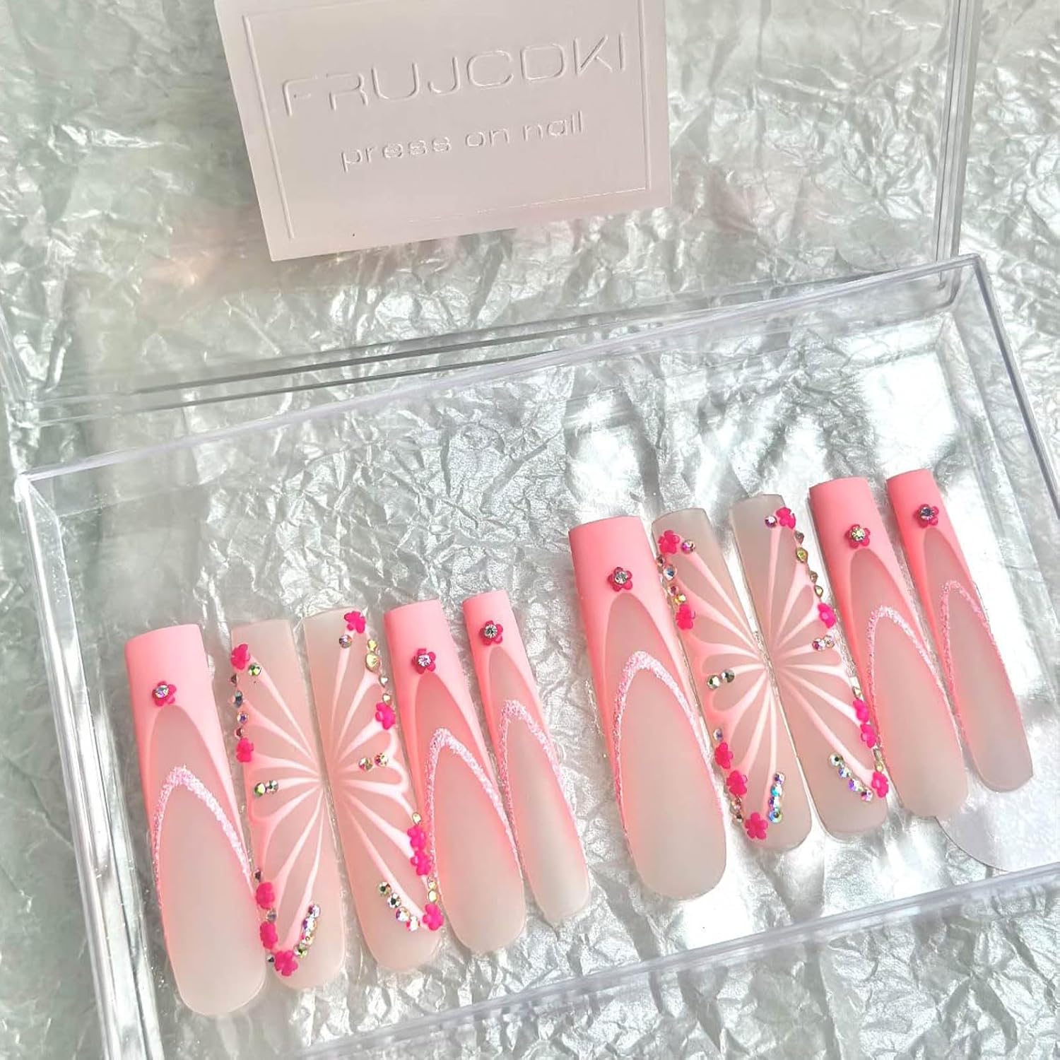 Handmade-Real Nail Gel Pink Flowers Butterfly Ballerina Flash Diamond Crystal Long Glossy Coffin Flash Fake Nails Press on Nail False Tips Manicure for Women and Girls (Butterfly-L)