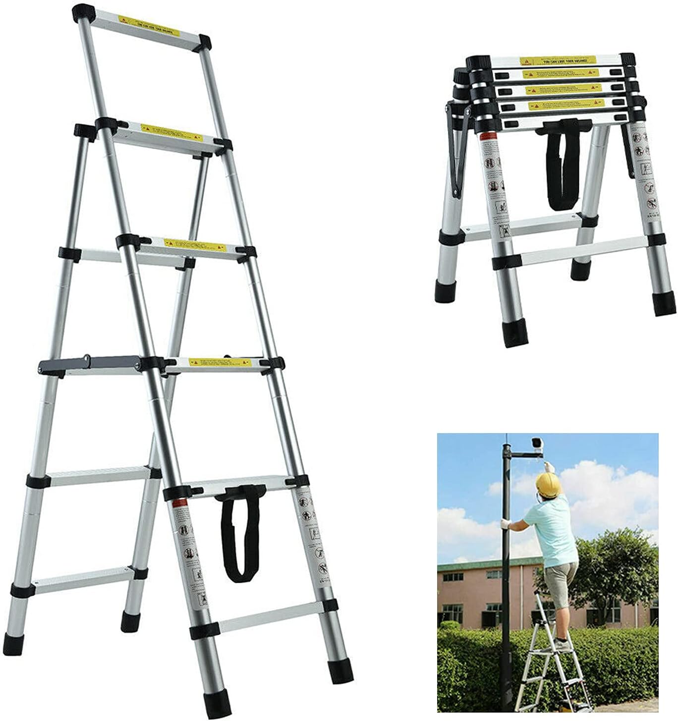 Extension Ladder 4+5 Step Ladders for Home Aluminium Herringbone Ladder 4.4FT Telescoping Ladder Type A Frame Portable Compact Attic Ladder, 330lbs Load Capacity for Loft Extendable Ladders